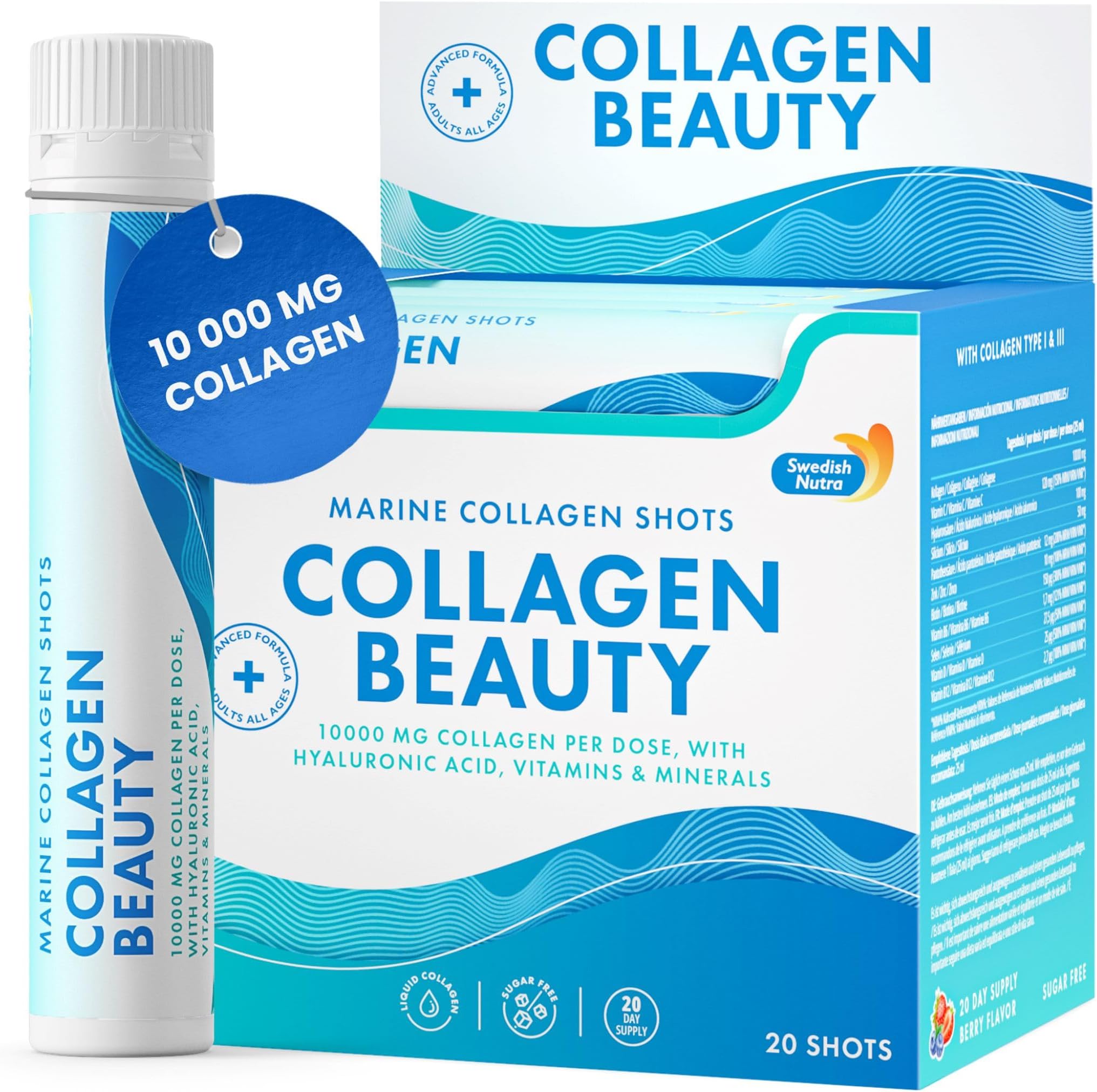 Collagen Beauty | 10,000 mg Hydrolyzed Marine Collagen Liquid Supplement - 20 x 25 ml Daily Shots | Hyaluronic Acid and Vitamin C for Healthy Hair, Skin, Nails and Joints | Sugar-Free