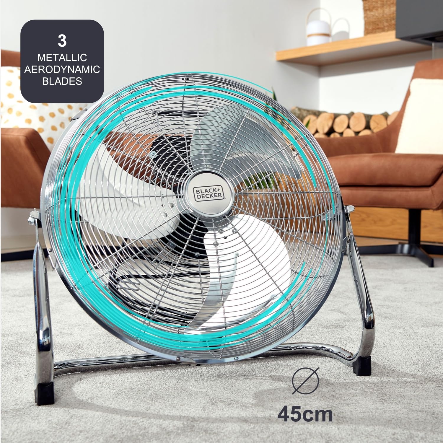 Black+Decker – Ventilador Circulador de Aire 120W | Diámetro 45 cm | Aspas Aluminio | 3 Velocidades | Rejilla Orientable | Estabilidad Total | Metálico