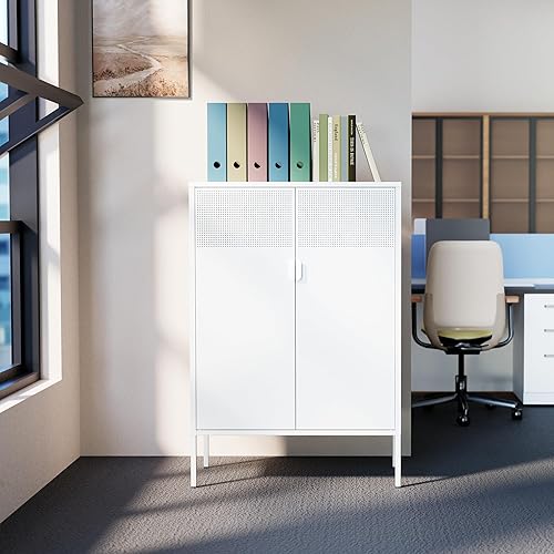 Miniatura 5 de Armario de almacenamiento de metal con 2 puertas de malla con estantes ajustables, gabinete de almacenamiento blanco multiusos, gabinete de oficina