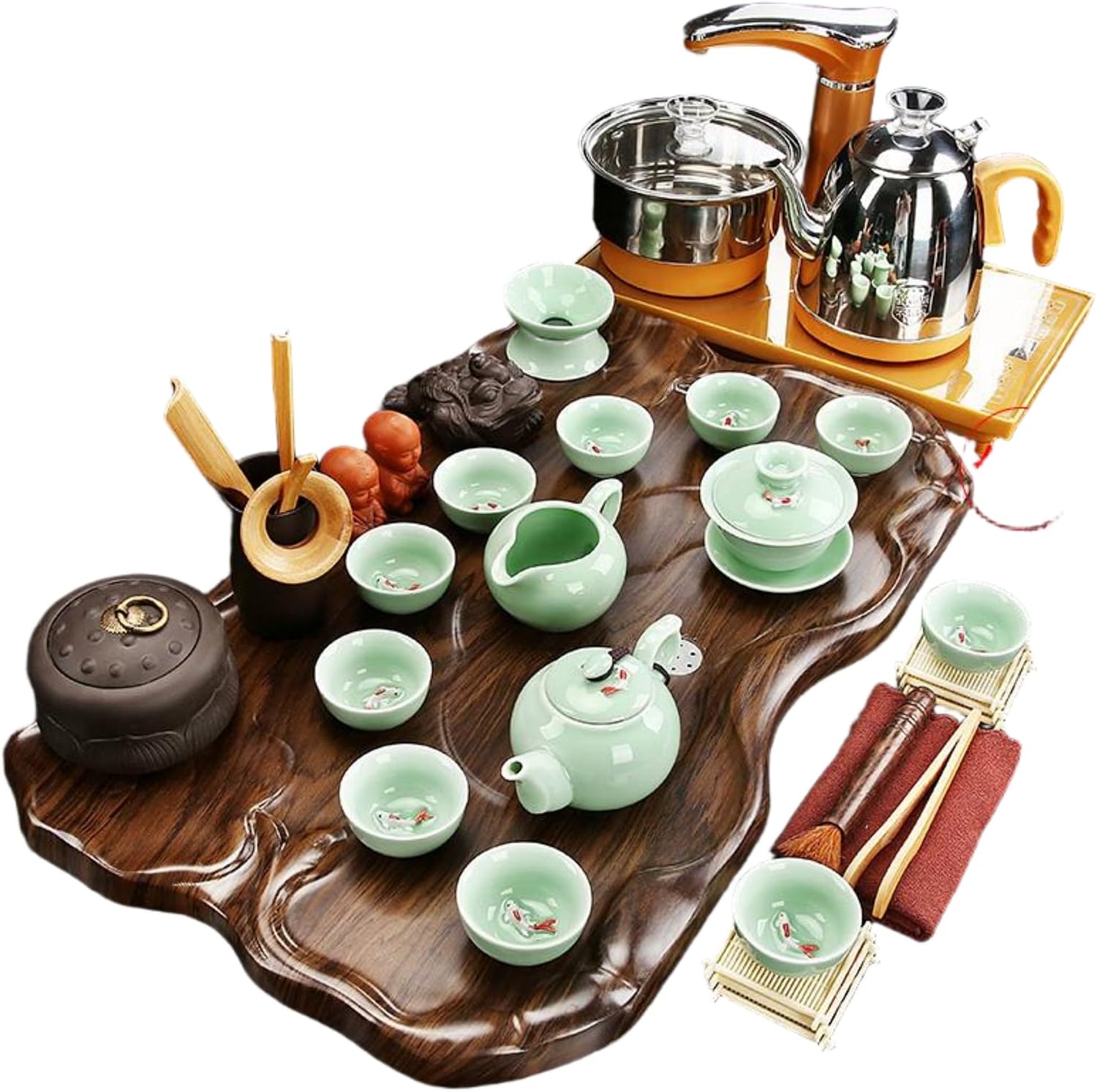 MOYEE Chinese Gongfu Tea Set,Home,Gifting and Office 套装家用分体式茶盘 Chinese Gongfu Tea Tray Solid Wood Tea Tray 实木茶台 Fully Automatic Tea Set,全自动电磁炉简约喝茶海小型 A362