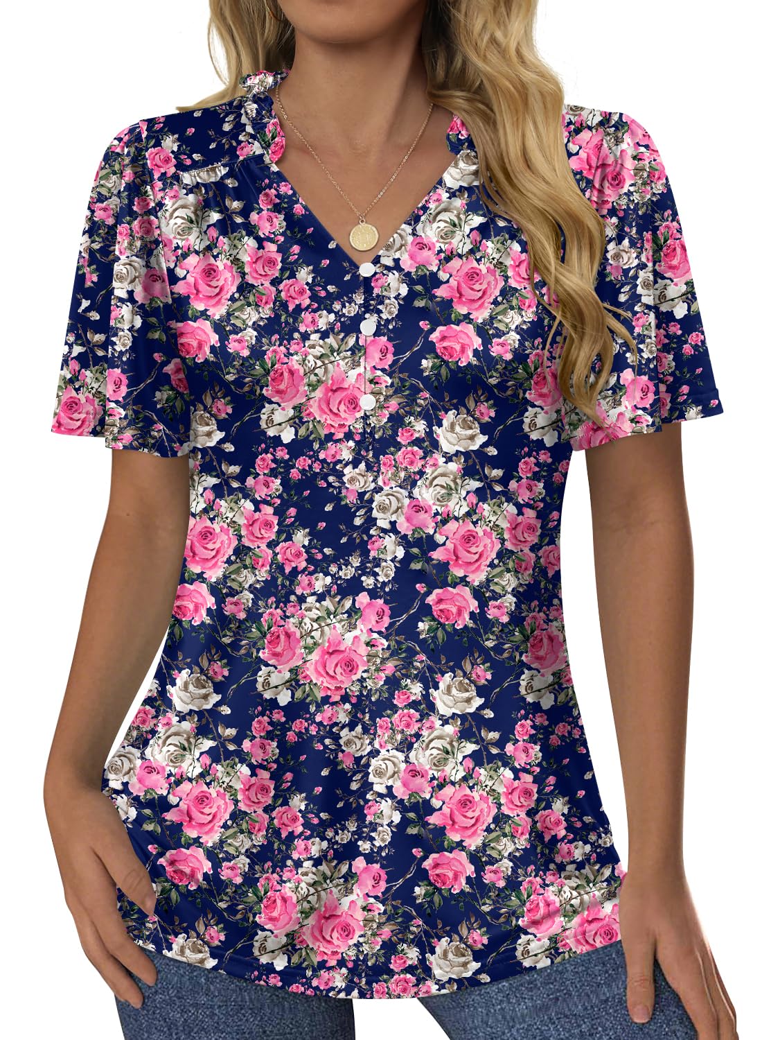 MIHOLL Womens Summer Blouses Short Sleeve V Neck Dressy Casual Button Down Tshirts Boho Floral Tops