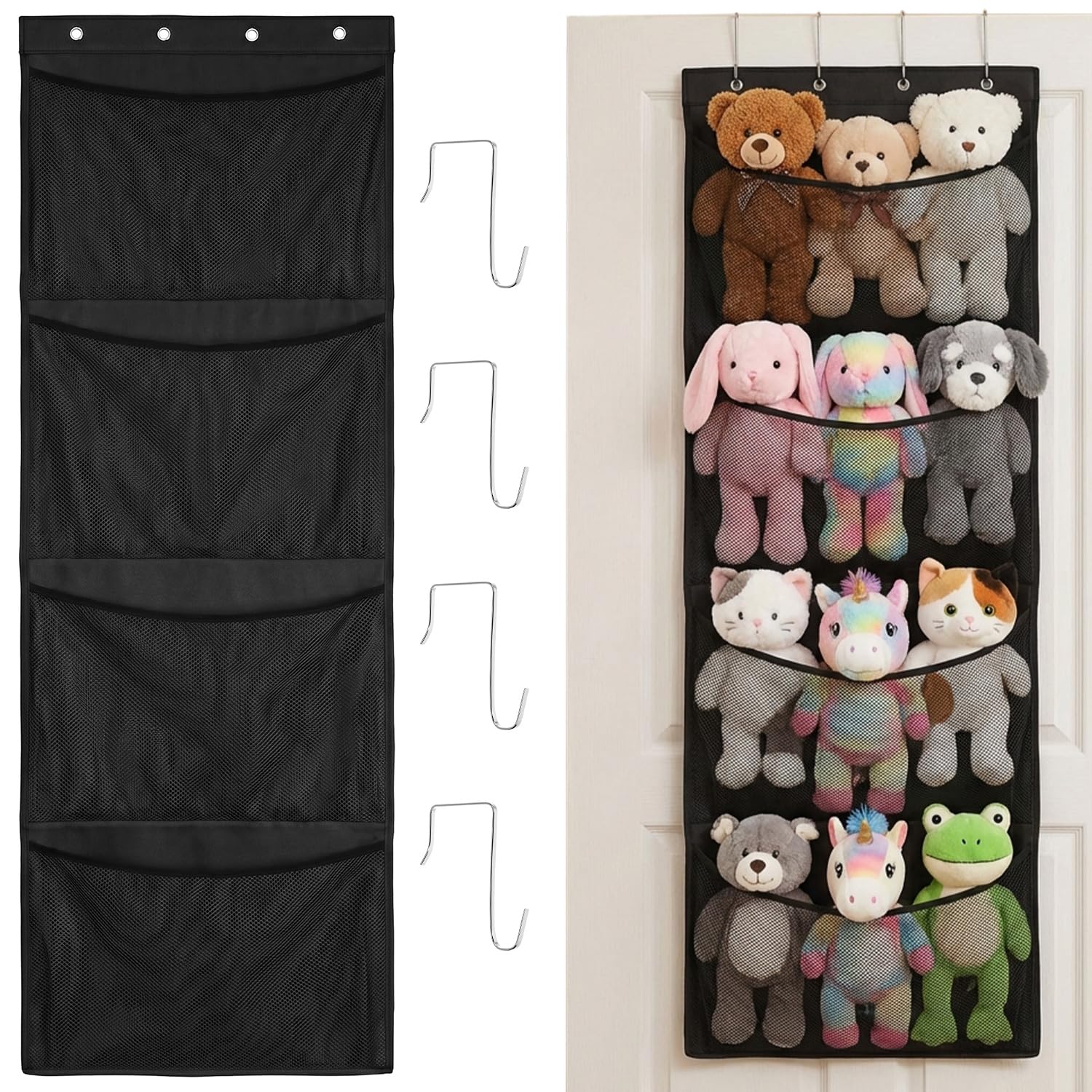 QWORK® Over Door Stuffed Animal Storage Organiser, 4 Large Mesh Pockets with 4 Sturdy Hooks – Space-Saving Hanging Toy Holder – Plushie Net Bag for Soft Toys