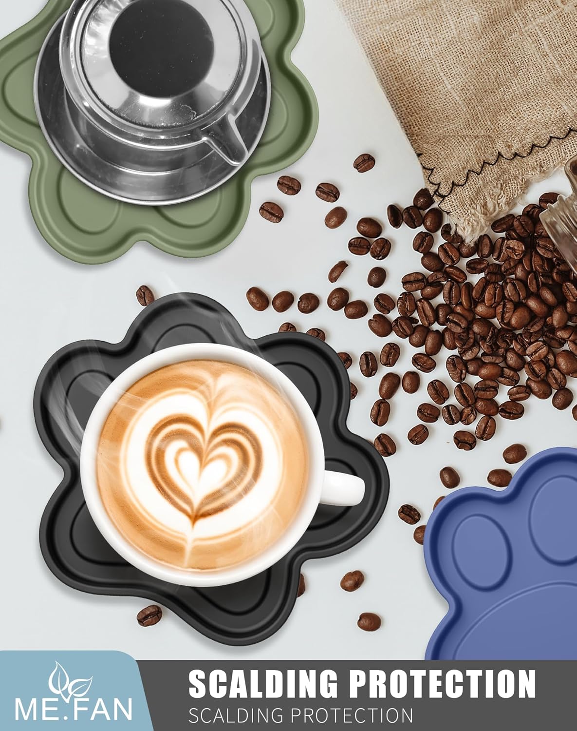 ME.FAN Silicone Coasters 6 Pack Paw Cup Mat with Holder, Dog Cat Paw Shape, for Hot or Cold Drink, Non-Slip, Non-Stick, Room Decor, Housewarming Coffee - Image 4