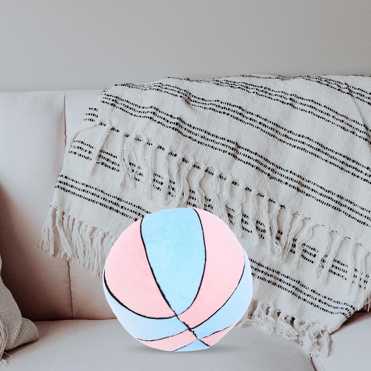 LOGOFUN Basketball Shape Plush Pillow Fluffy Basketball Pillow Stuffed Basketball Pillow for Home Living Room Bedroom Decorations - Pink Blue (26cm)