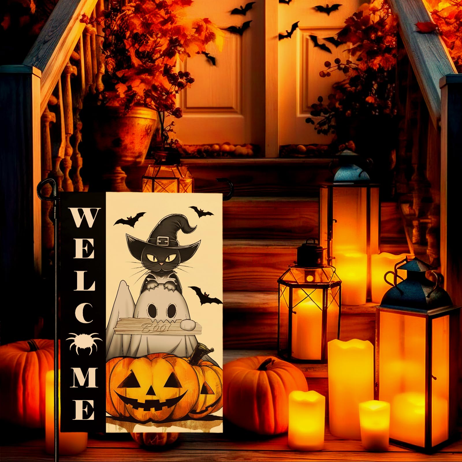 Halloween Gartenflagge 30,5x45,7 Cm – Doppelseitig Mit Kürbis, Spinne, Katze & 'Boo', Aus Jute