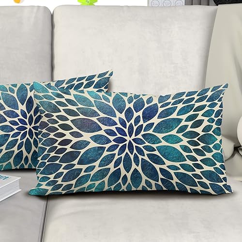 Miniatura 5 de Juego de 2 fundas de almohada de dalia verde azulado primaveral de 12 x 20 pulgadas, fundas de almohada lumbares florales de color azul marino,