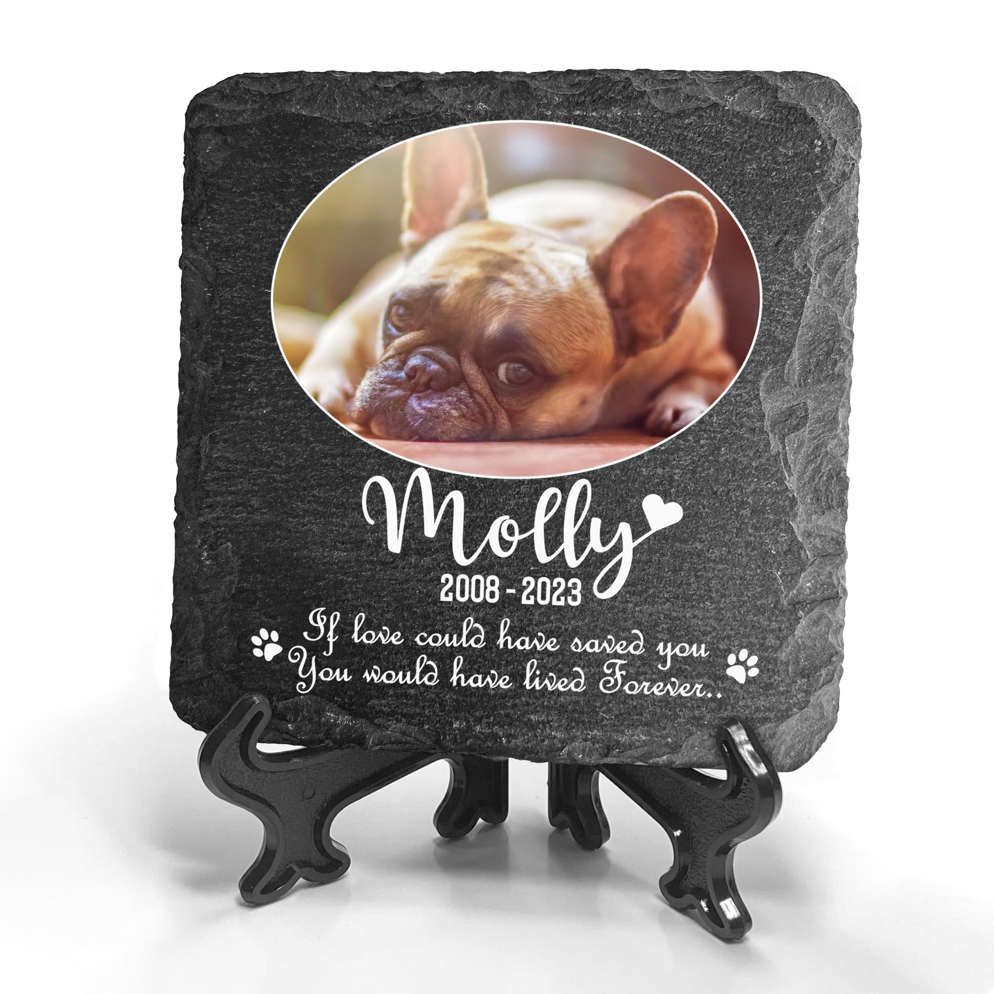 TULLUN Personalised Individual Square Memorial Small Plaque with Display Stand For Pet Cat Dog Slate Stone Frame Paw Grave Marker - Size 5.9" x 5.9" or 150 x 150 mm - Oval Photo — image 1