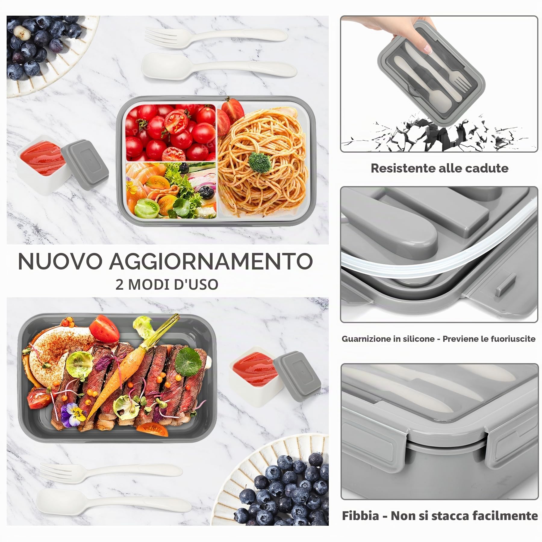 LUZOON Bento Lunch Box,1400ml Bento Box con 3 Scomparti e Posate per Adulti, Porta Pranzo con Posate e Scatola Per Salse,Senza BPA,Sicuri per Microonde e Lavastoviglie (Grigio)