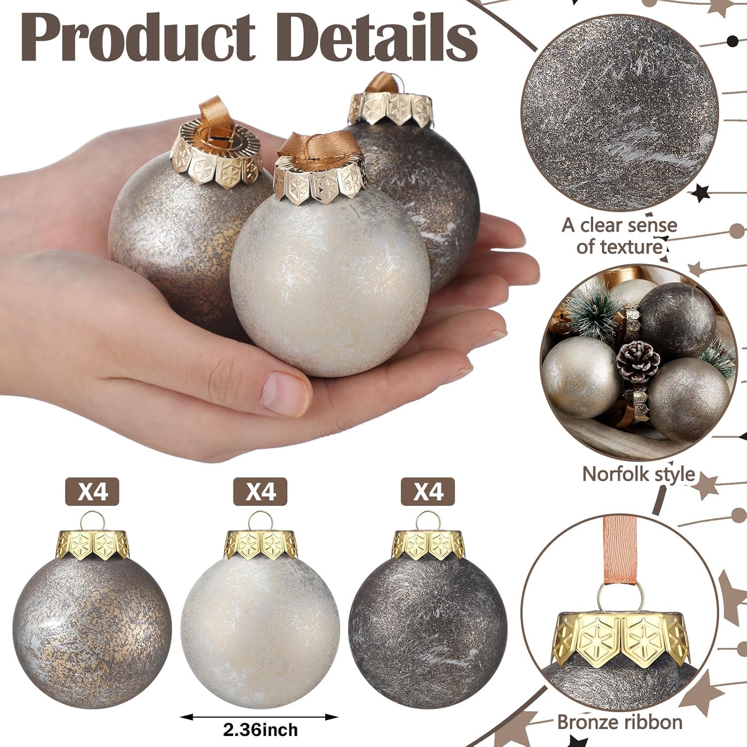 12 Pcs Neutral Textured Christmas Ball Ornaments 2.4 Inch Vintage Metallic Brown Gold Silver Xmas Tree Ornament Shatterproof Rustic Distressed Xmas Baubles Antique Farmhouse Christmas Decor - Image 3