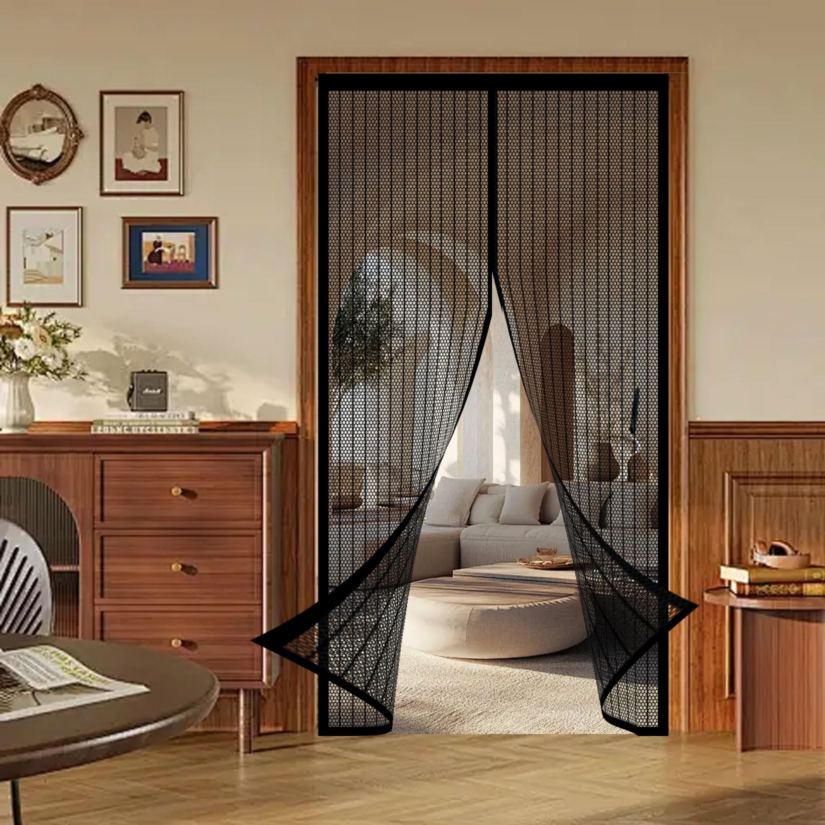 Magnetic Fly Screen Door 142 x 176 cm with Magnets, Magic Tapes, Polyester Magnetic Door Curtain No Drill Installation, Keep Bugs Out for Living Garage Doors, Black