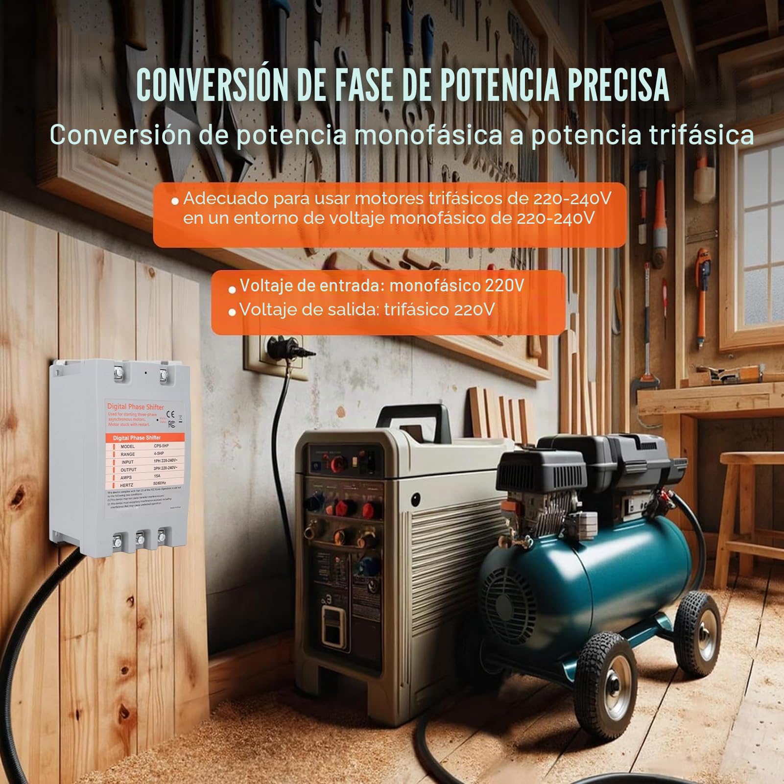 Convertidor monofásico a trifásico digital de 5 caballos para uso residencial y comercial ligero 220 a 240 V CA con enchufe de 15 A