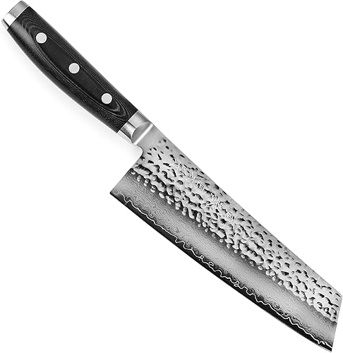 Enso Cuchillo Bunka HD de 7 pulgadas, fabricado en Japón, acero inoxidable de Damasco martillado VG10