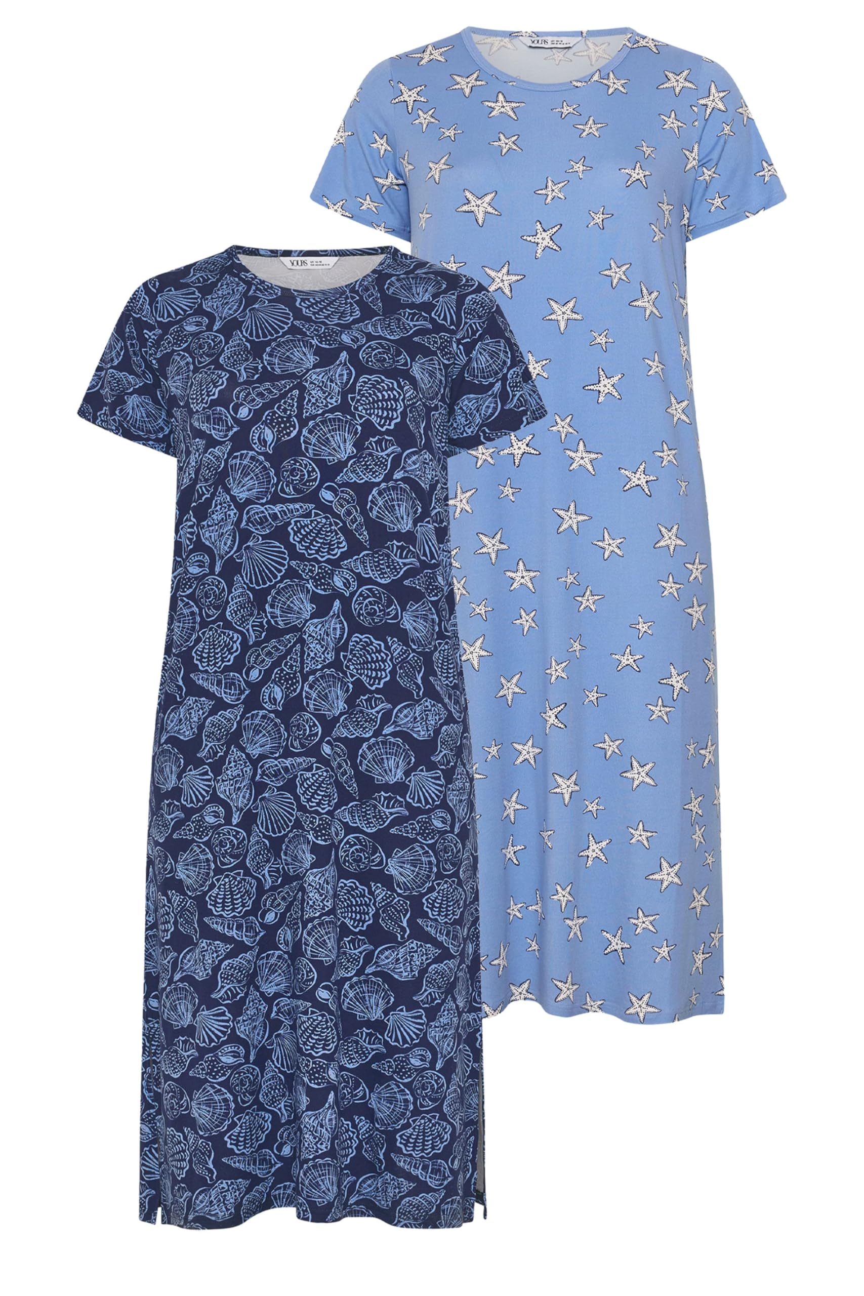 Yours Women's Blue Yourset Curve 2 Pack Star & Shell Print Midaxi Nightdresses - Plus Size Curve