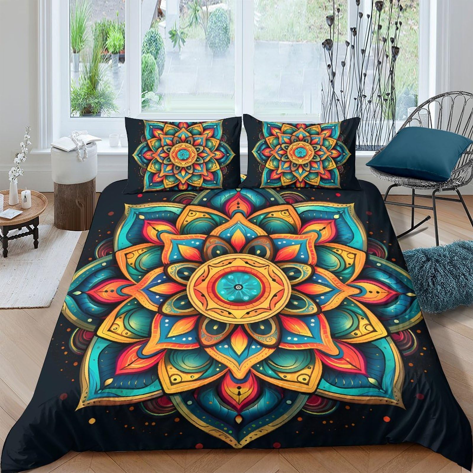 Ctjqhvkz Style-9 3D Printed Mandala Flower Fitted Sheet Microfiber Colourful Lotus Bed Cover For Bedroom Decor Mattress Protection Single（135X200cm）