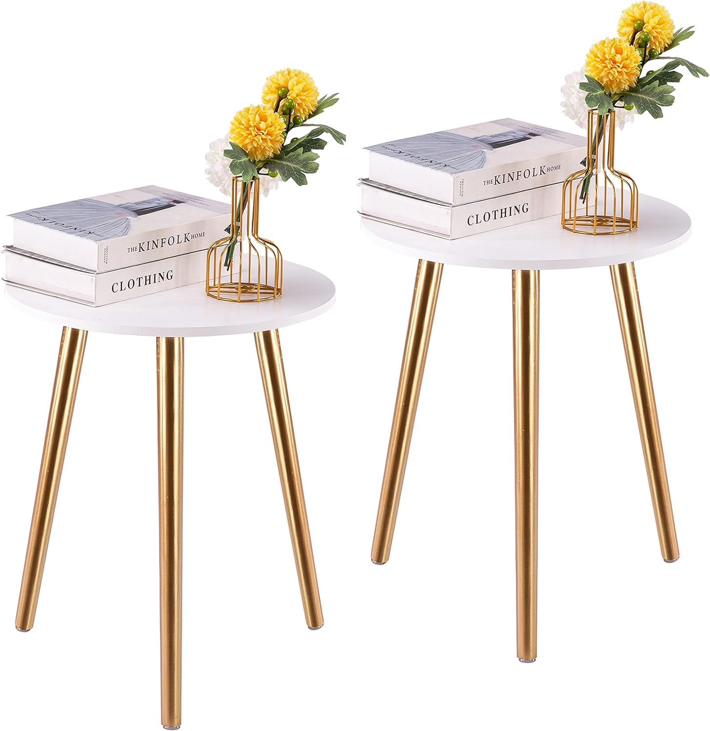 apicizon round side table set of 2, white nightstand coffee end table for living room, bedroom, small spaces, morden side table home decor bedside with wood legs 16.5 inches set of 2 gold 2
