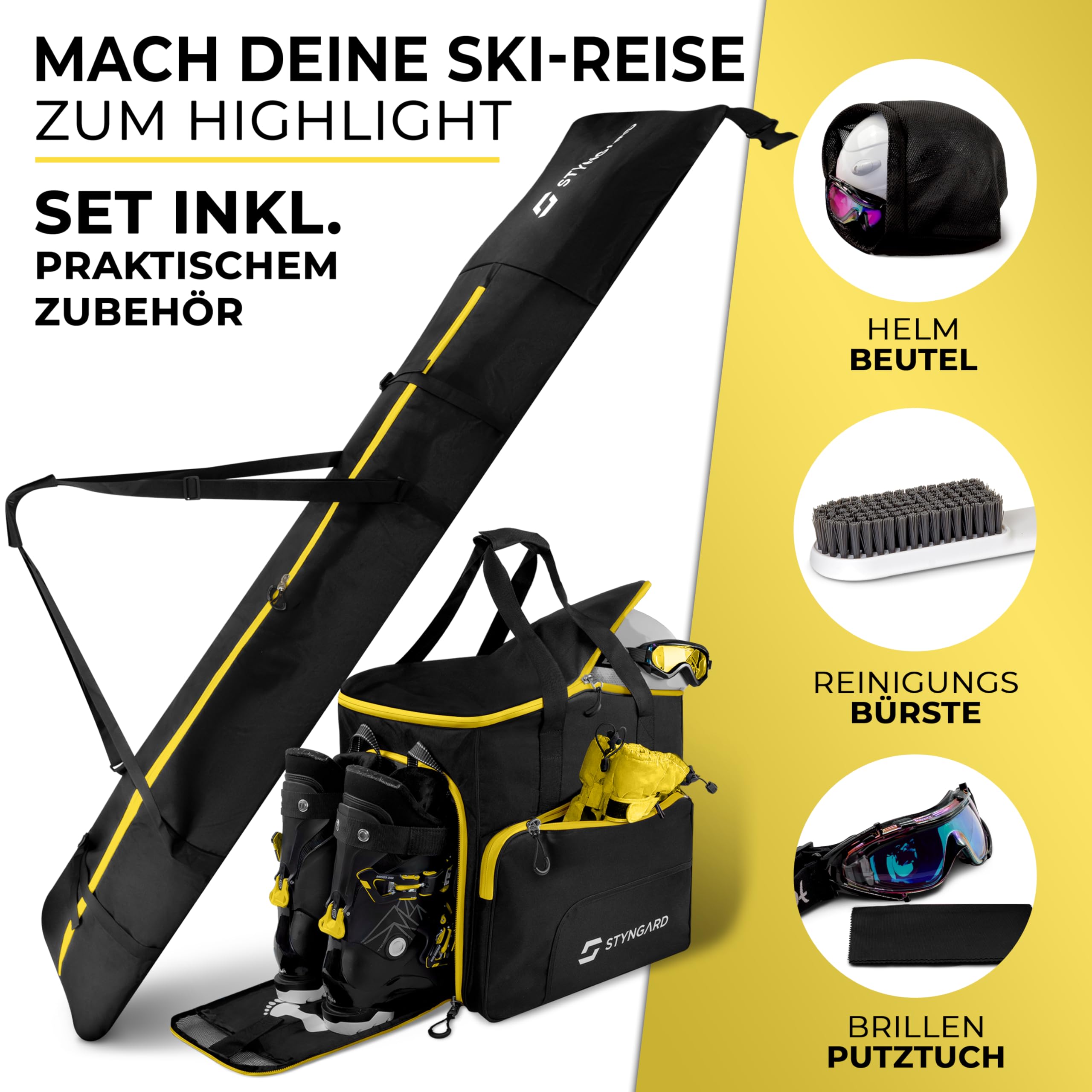 STYNGARD Skitasche Set 4-teilig (140cm-200cm) Skisack und Skischuhtasche mit Helmfach, Helmtasche, Bürste - Rolltop Skitasche und Skischuhtasche mit Lüftungsgitter Modell Salzburg