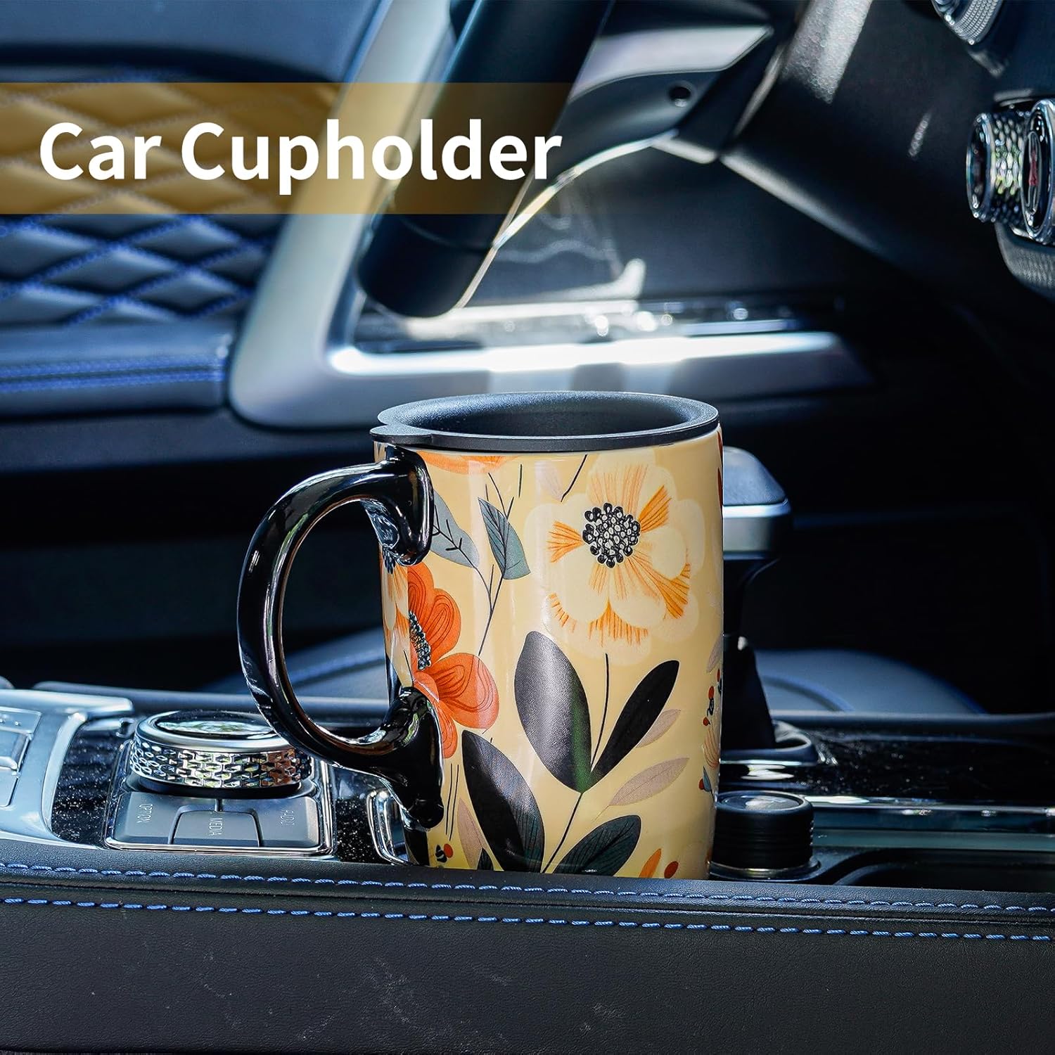 Ceramic Mug Travel Coffee Cup with Lid for Home & Office, 17oz Porcelain Tall Tea Cup with Handle Flower Art in Color Box, Leaves & Flower - Image 3