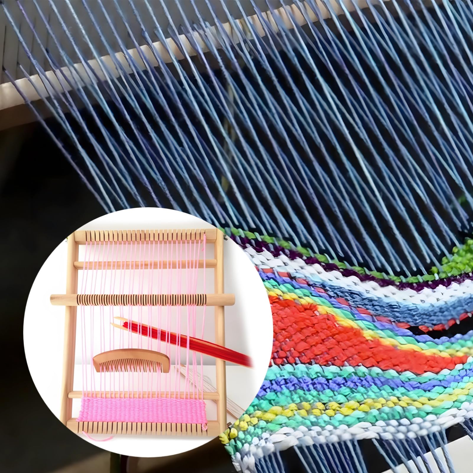 Kit di tessitura in legno per bambini, telaio regolabile, voletta, ago e pettine inclusi, ideale per progetti multi-artigianali
