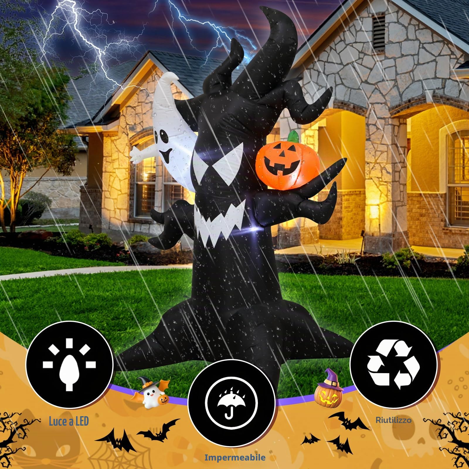 Albero infestato gonfiabile per Halloween, 1,8 m, con fantasma luminoso e zucca a LED, decorazione spettrale per esterni, per cortile, feste, casa infestata, impermeabile, facile da installare