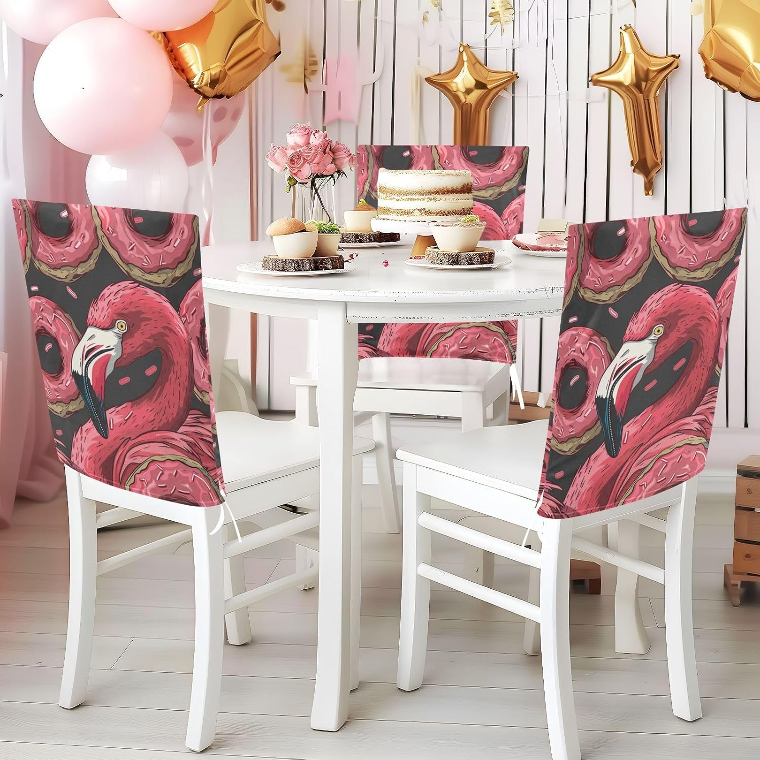 ALAZA Donuts Flamingo Chair Back Cover Set of 6, Washable Reusable Removable Chair Slipcovers Decorative Chair Cover for Home Kitchen Wedding Party