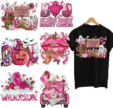 Breast Cancer Awareness Halloween Iron on Transfer Patches for T-Shirt Pink Ribbon Iron on Heat Transfer Stickers Cute Ghost Pumpkin Iron on Decals for Clothes Pillow Hoodie DIY Crafts 6Pcs