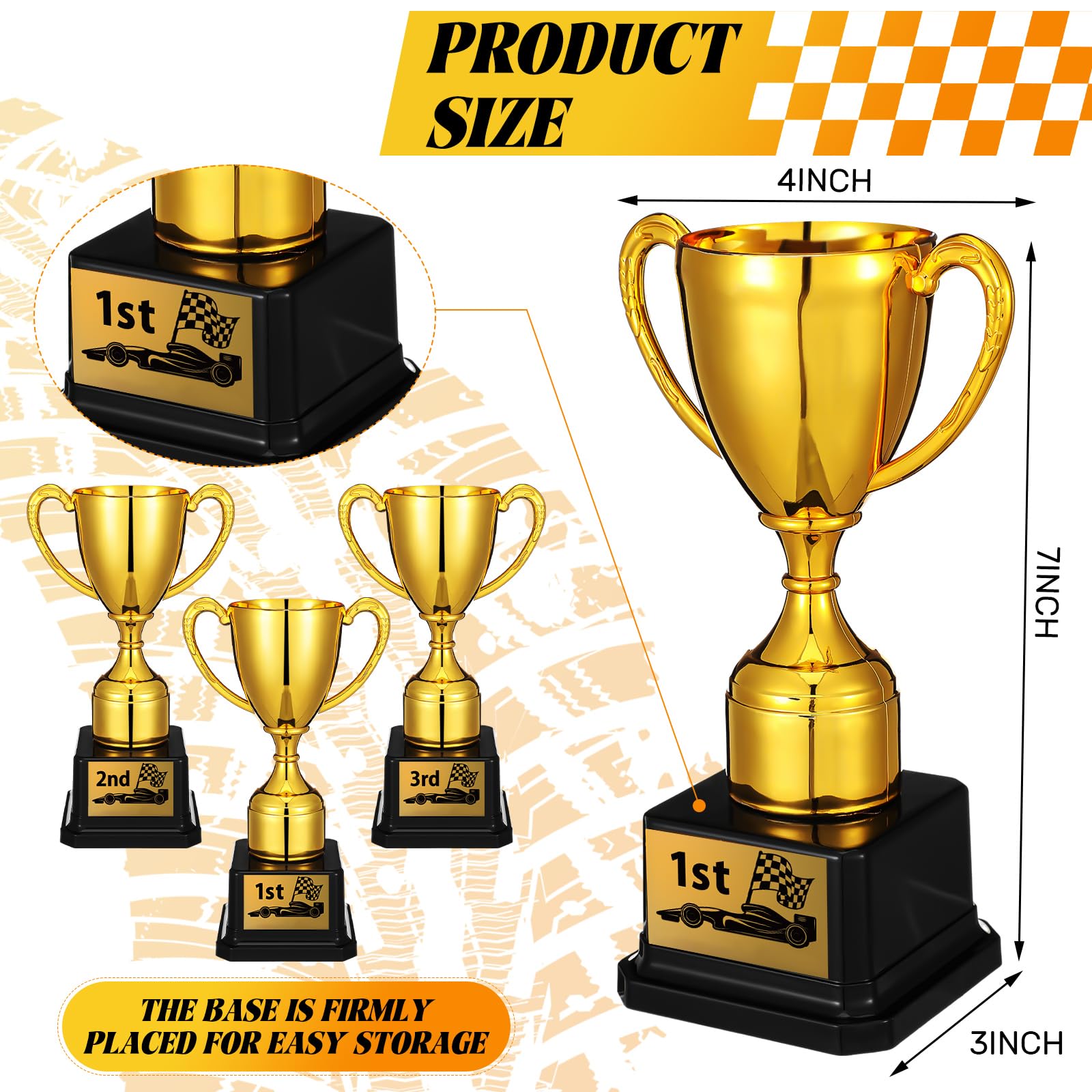 Jinei Juego de 6 medallas de trofeos de carreras de coches de madera de pino, 1ª, 2ª, 3ª medallas de premio con cinta roja blanca y azul para el cuello, trofeos Derby de plástico dorado de 7 pulgadas