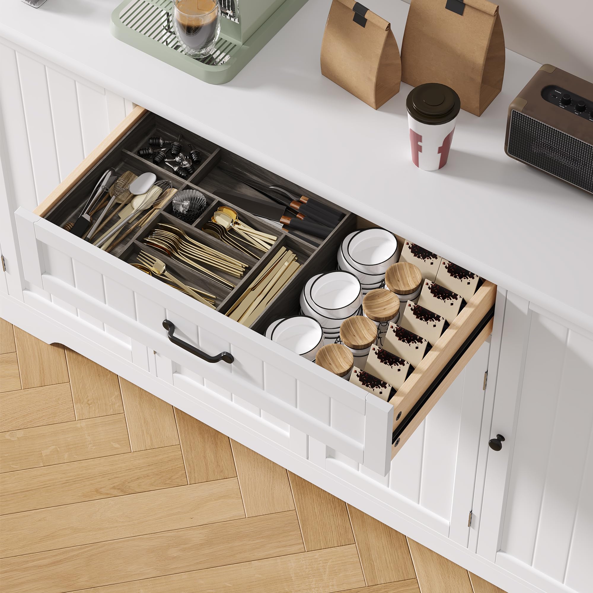 Xbro Sideboard, Küchenschrank mit Arbeitsplatte, Buffetschrank mit Schublade, 4 Türen und integrierten Türablagen, großer Stauraum, Wohnzimmerschrank für Küche und Esszimmer, Weiß