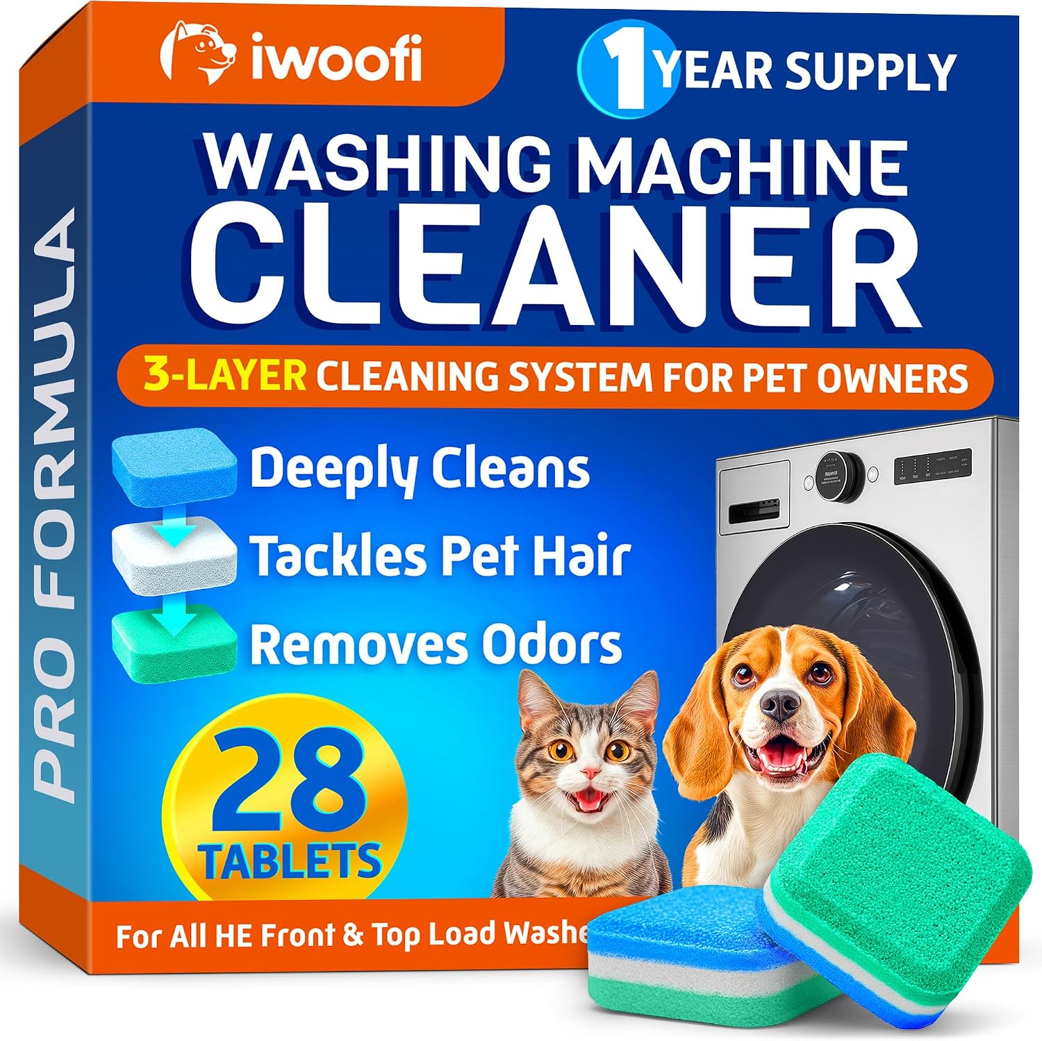 Washing Machine Cleaner Tablets for Pet Owners Pro – Front & Top Load HE Washers – Removes Pet Hair Buildup Eliminates Odors & Residue – 28 Tablets 14-Month Supply – Septic Safe Deep Clean