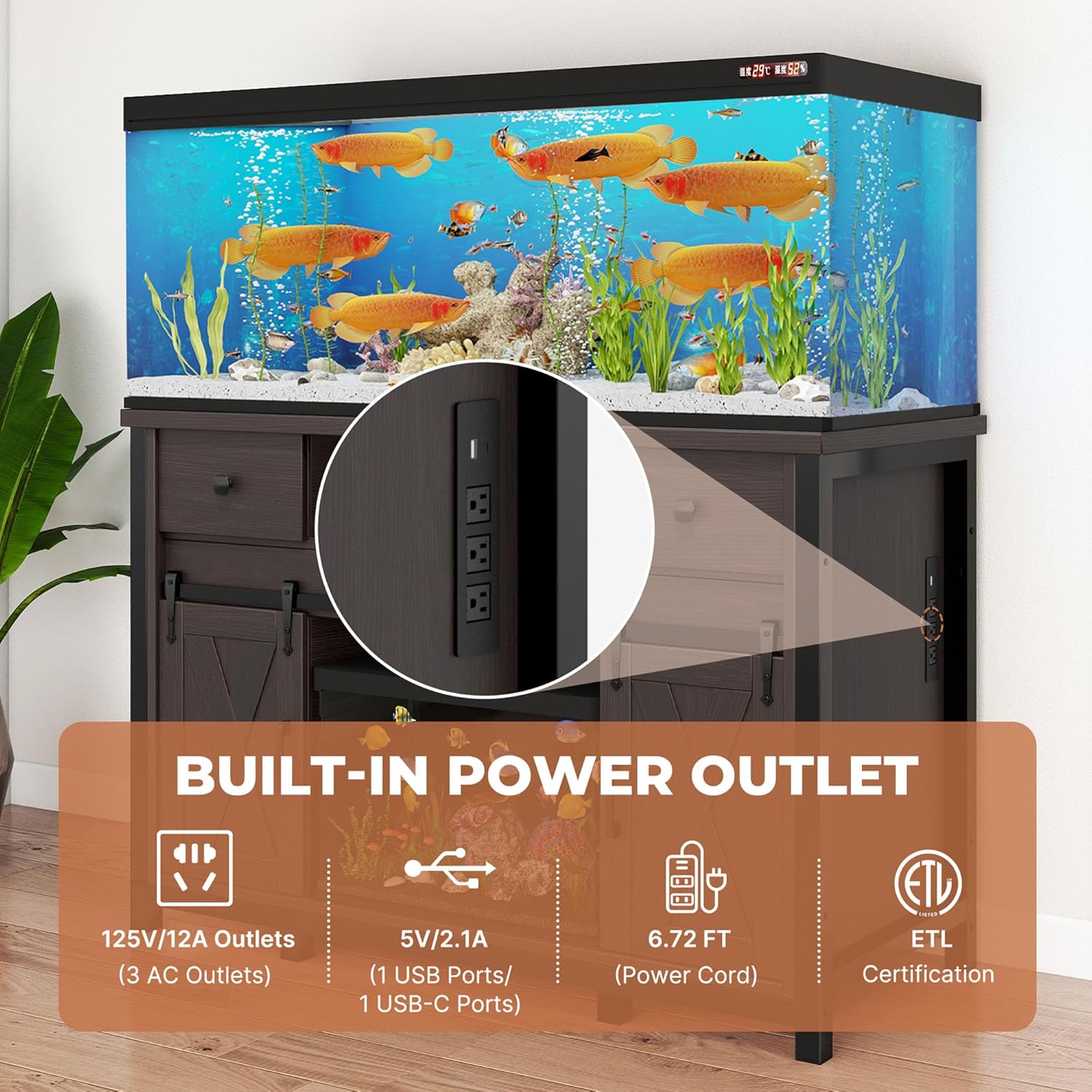 Built-in power outlet on aquarium stand