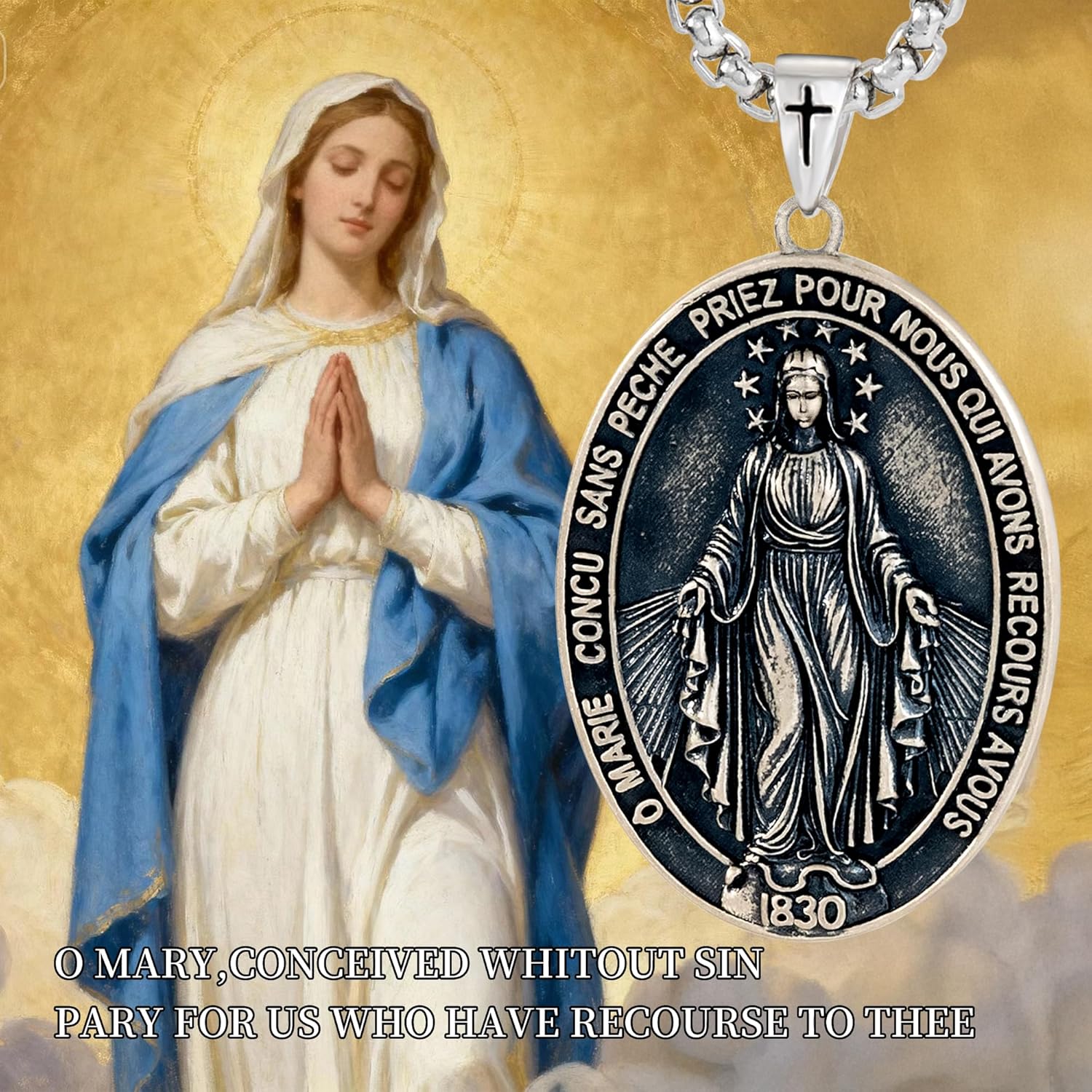 Sterling Silver Catholic Religious Medal Set Pendant Combo: Seal of Seven Archangels, Saint Benedict Medal, Virgin Mary Medal & Saint Michael Protective Charm