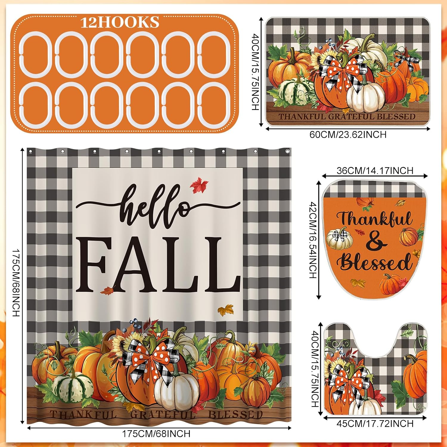 HunnmingRe 7 Pcs Fall Shower Curtains for Bathroom Pumpkin Bathroom Decor