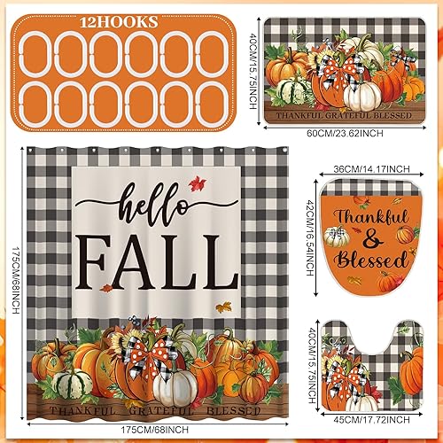 Miniatura 3 de Juego de 7 cortinas de ducha de Acción de Gracias para baño, cosecha de otoño, decoración de baño, cortina de ducha impermeable de calabaza otoñal