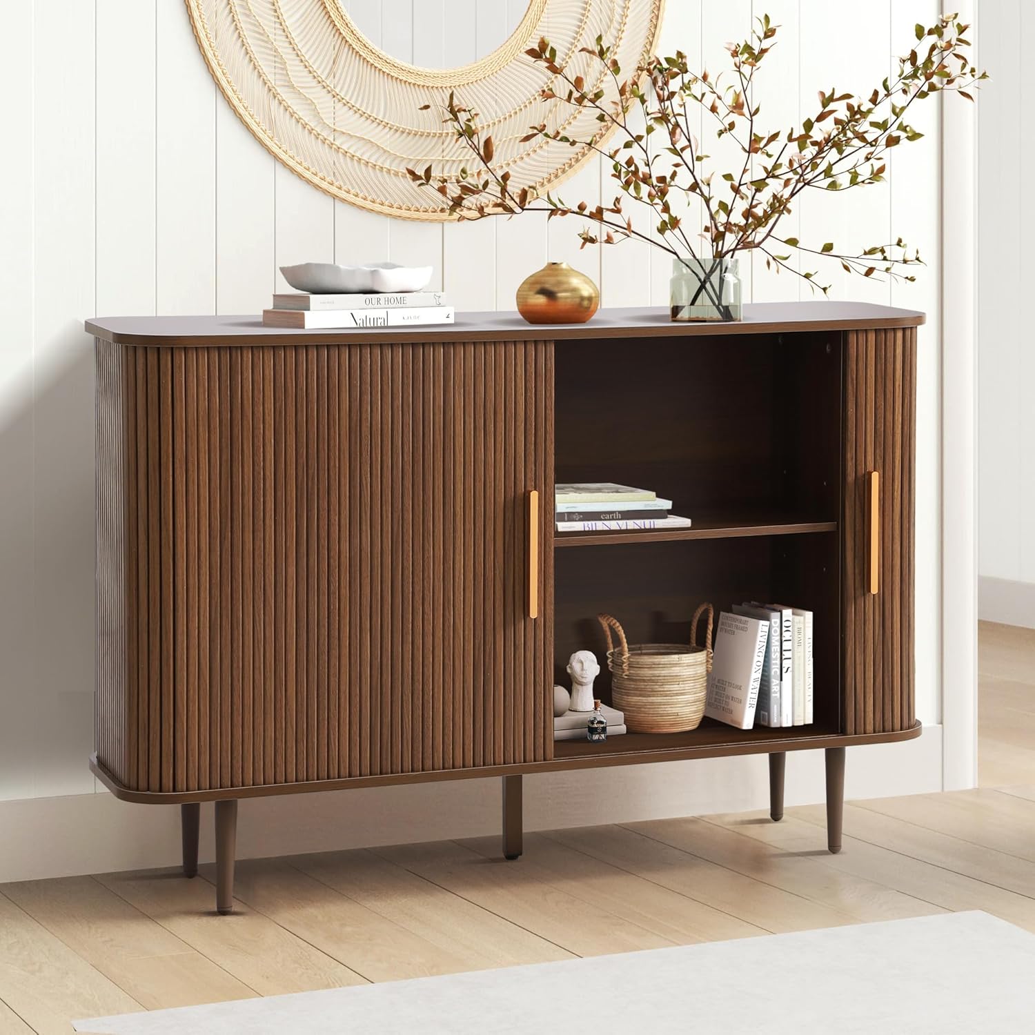 47" Fluted Buffet Cabinet with Tambour Sliding Doors, Modern Sideboard Buffer Cabinets with Storage & Adjustable Shelves, Mid Century Credenza Accent Cabinet for Living Room Entryway (Brown)
