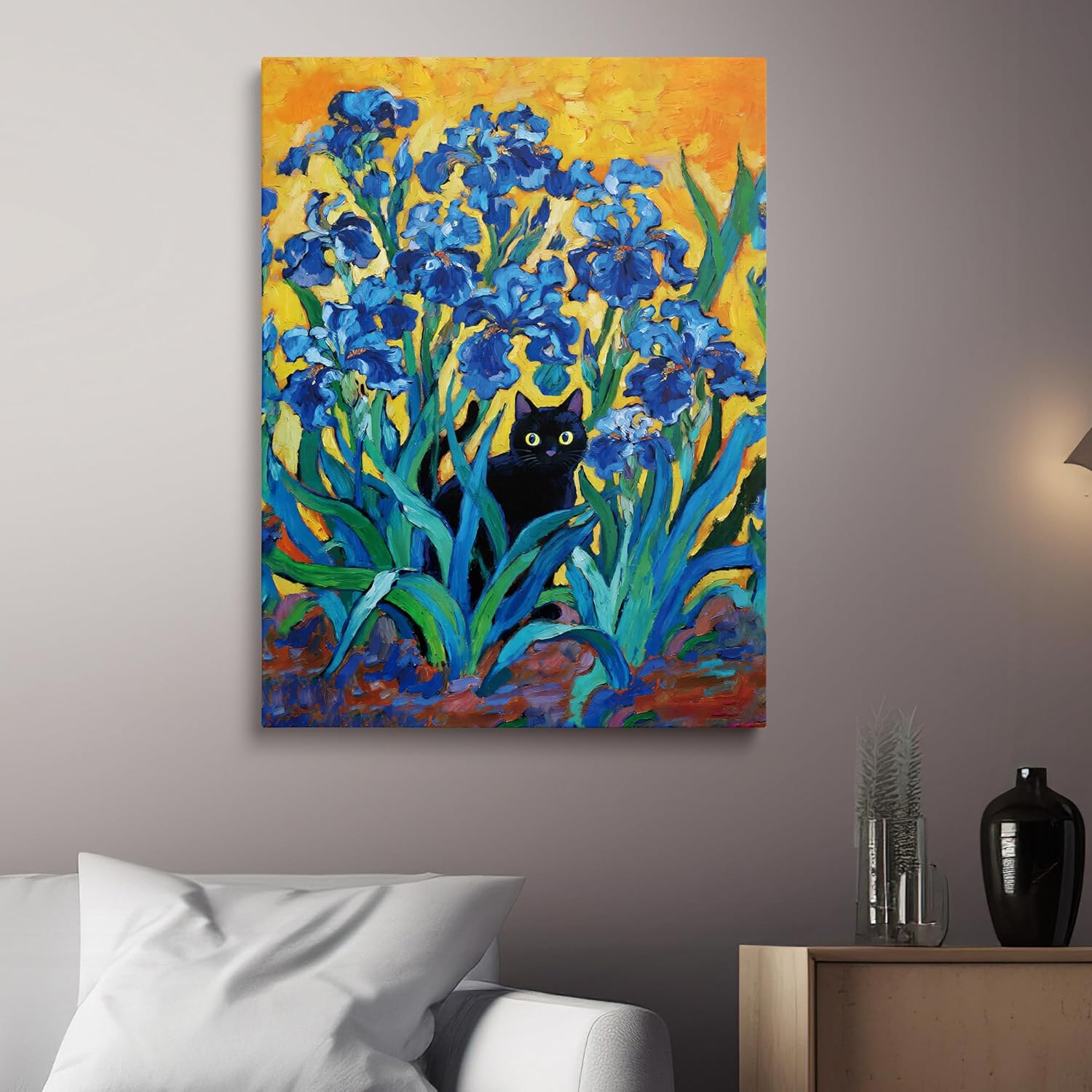 TimAsh Framed Van Gogh Irises Cat Wall Art, Vintage Garden Canvas Wall Decor Funny Black Cat Poster Prints Aesthetic Paintings for Bathroom Bedroom Living Room Home Office Decorations 16L x 12W
