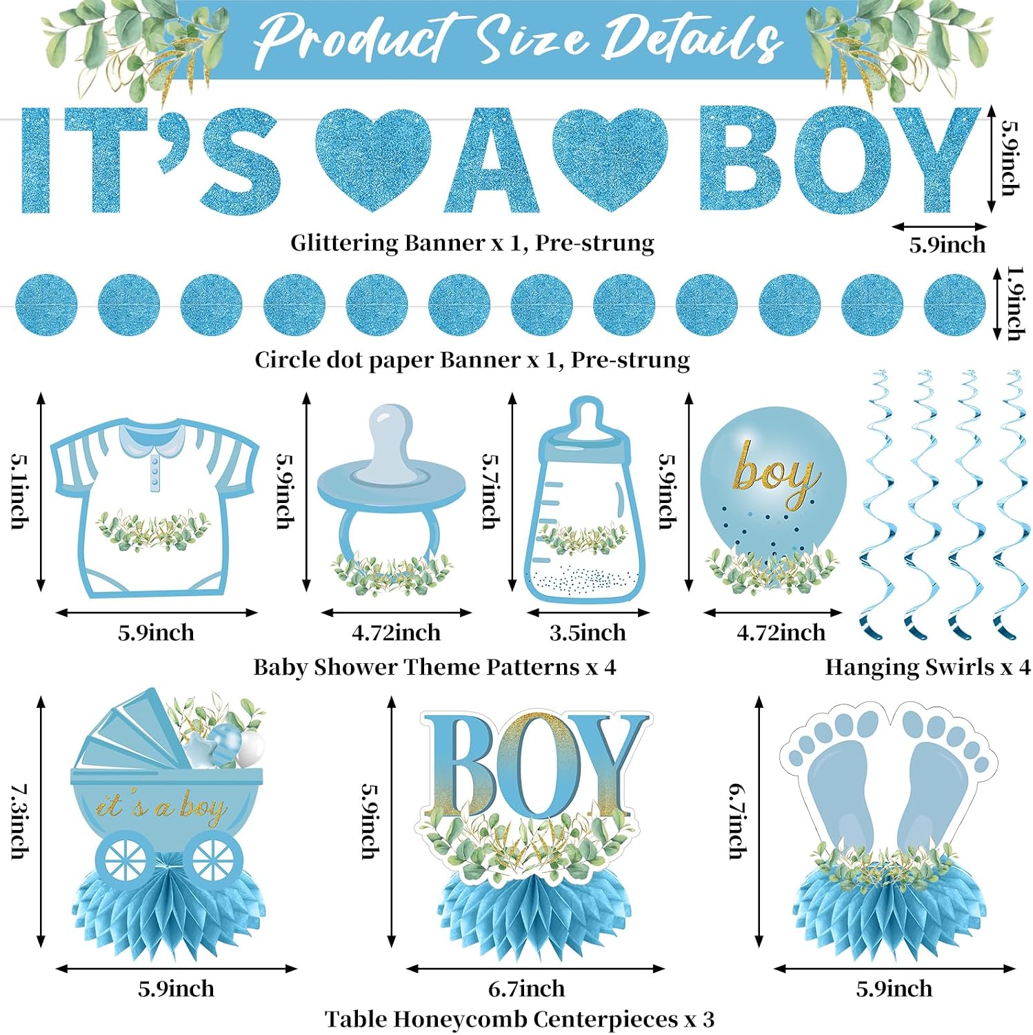 Baby Shower Decorations for Boy - 9PCS Light Blue Glitter It's a Boy Gender Reveal Banner Table Centerpiece Hanging Swirls Set, Pregnancy Announcement Circle Dot Garland Banner Party Supplies