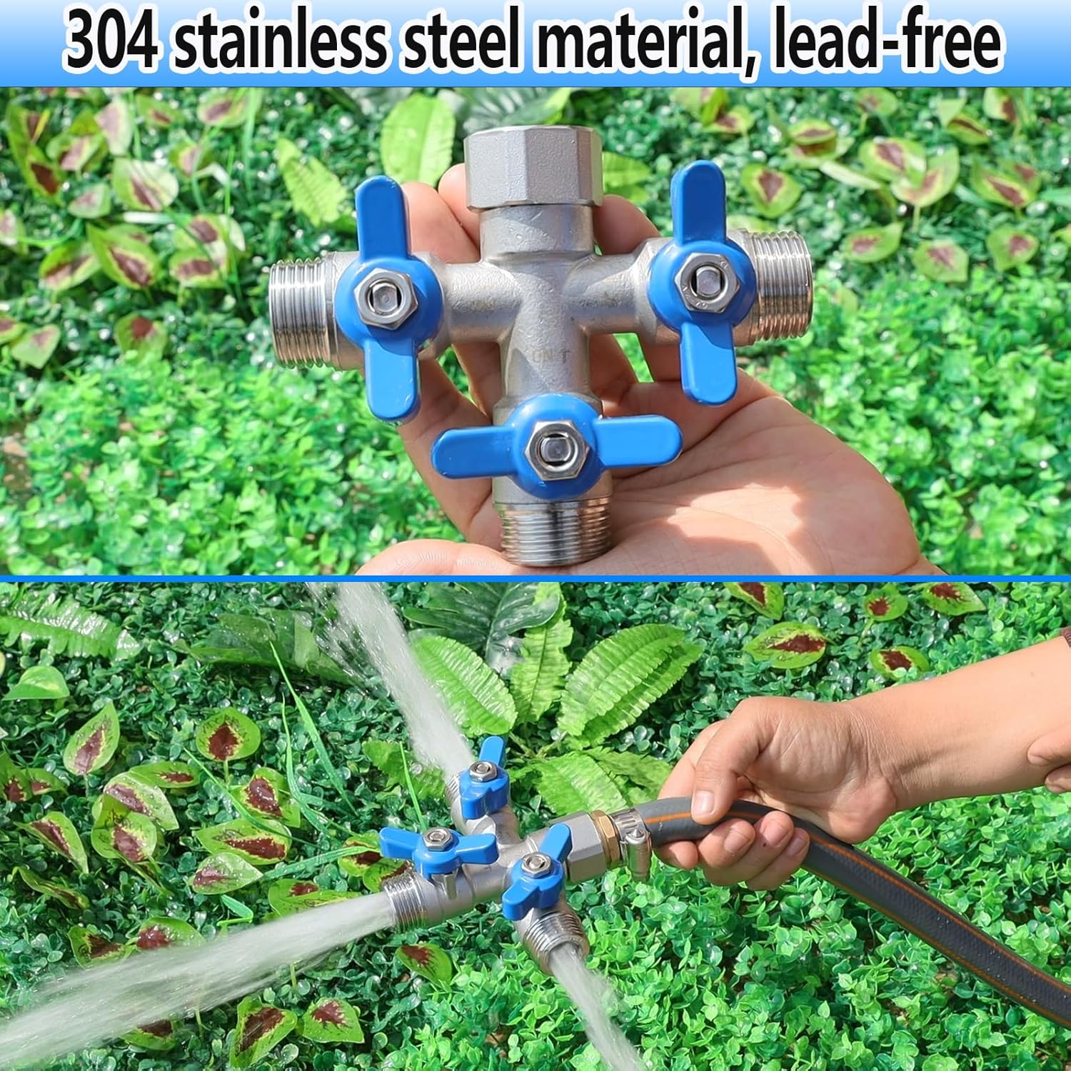 304 Stainless Steel Garden Hose Splitter 3 Way Heavy Duty, Full Flow Hose T Splitter with Long Handle,Lead-free T Valve Water Garden Hose Adapter,3/4" GHT Threads