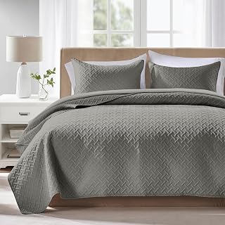 FLYMME Queen Quilt Bedding Set Dark Grey Lightweight Bedspreads Full Size,Modern Style Geometric Weave Stripe Pattern,Soft Microfiber Bed Coverlet for All Season (1 Quilt, 2 Shams)