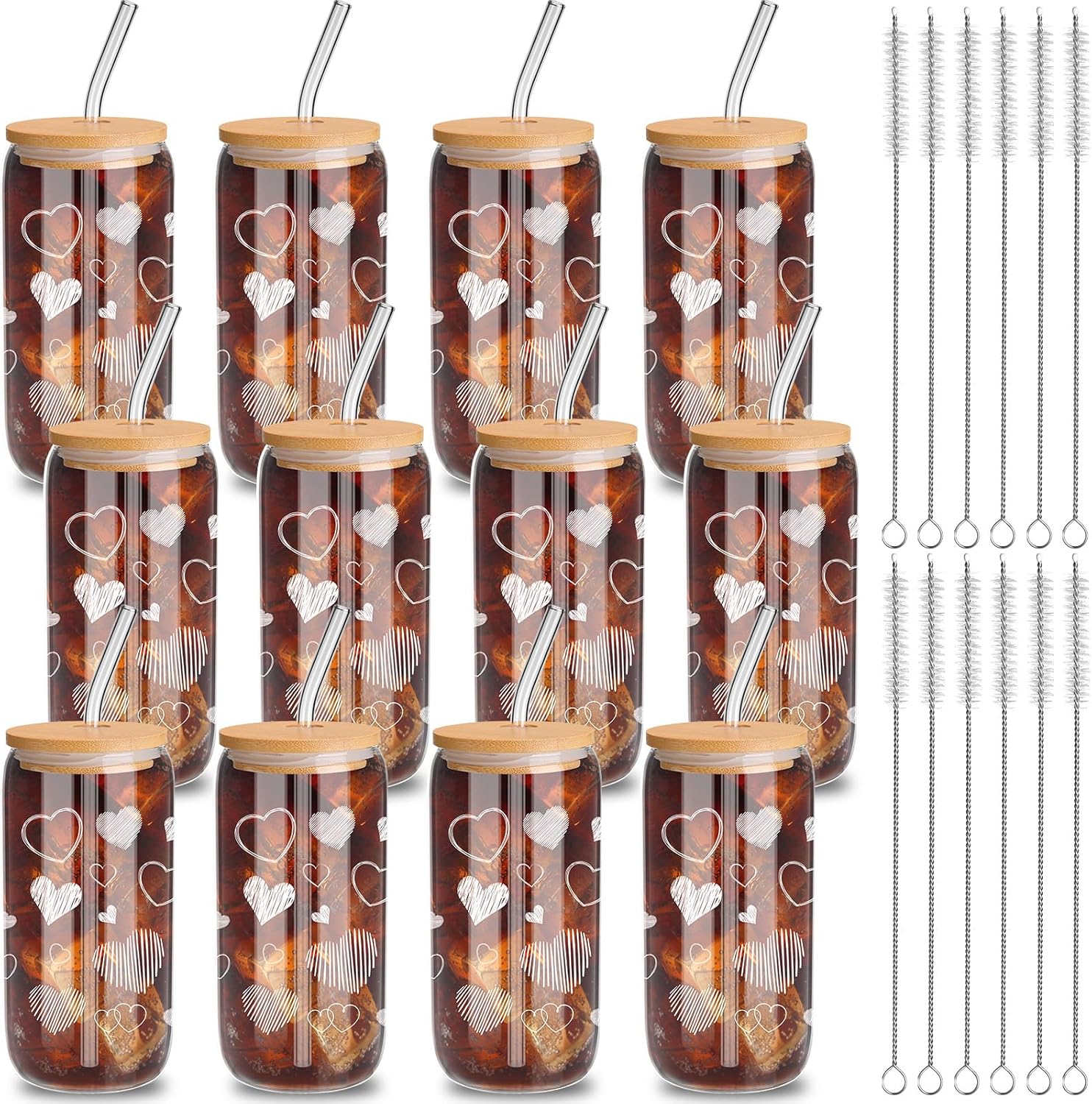 12 Sets White Hearts Glass Cups, 16 oz Valentine's Day Tumbler Glasses with Bamboo Lids and Straws Iced Coffee Clear Glass Drinking Cups for Galentines Party Couple Lover Birthday Gifts