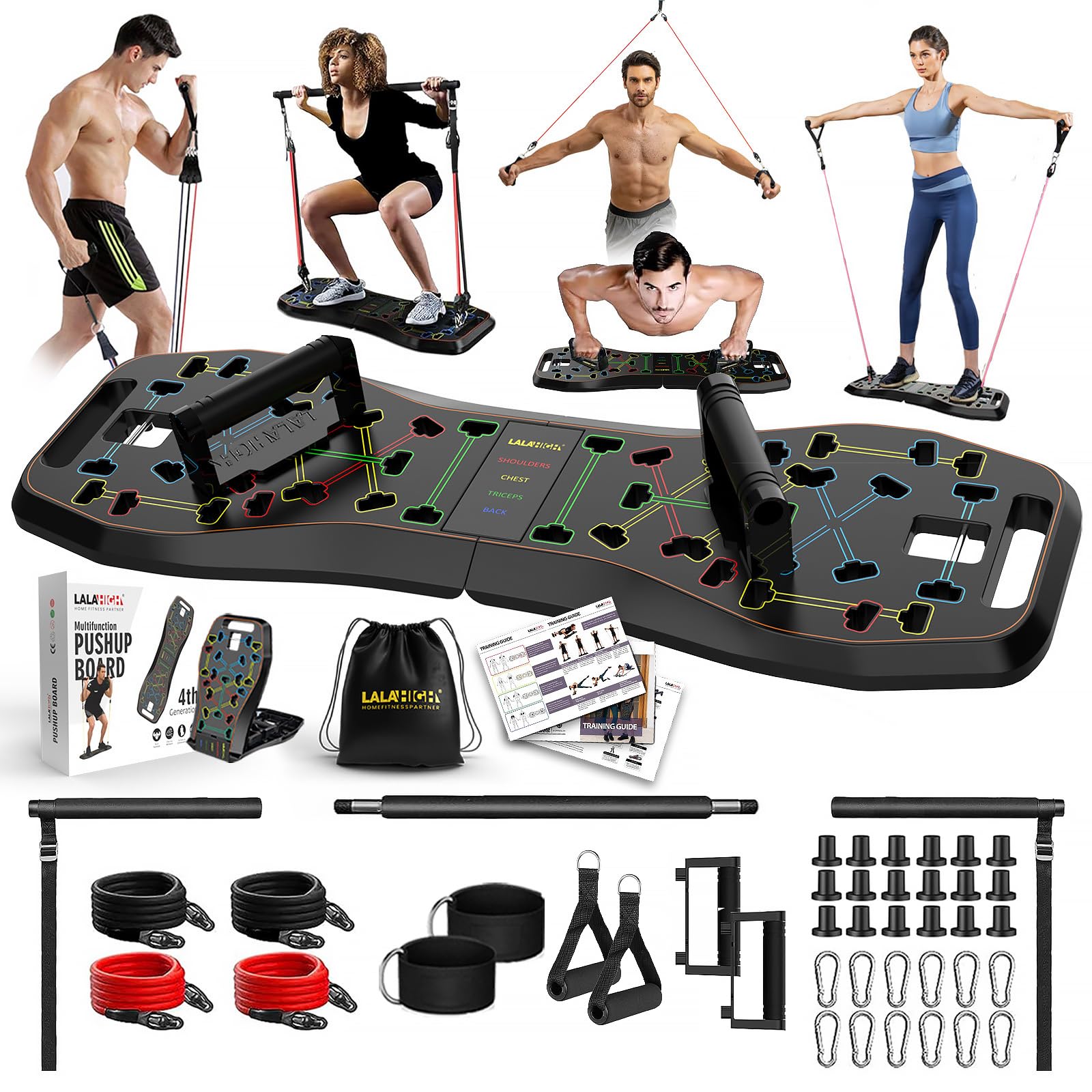 LALAHIGH Home Workout Equiptment: Portable Exercise Push Up Board, Strength Training Sets with Pilate Bar & 20 Fitness Accessories with Resistanve Bands & Ab Roller Wheel - Full Body Workout
