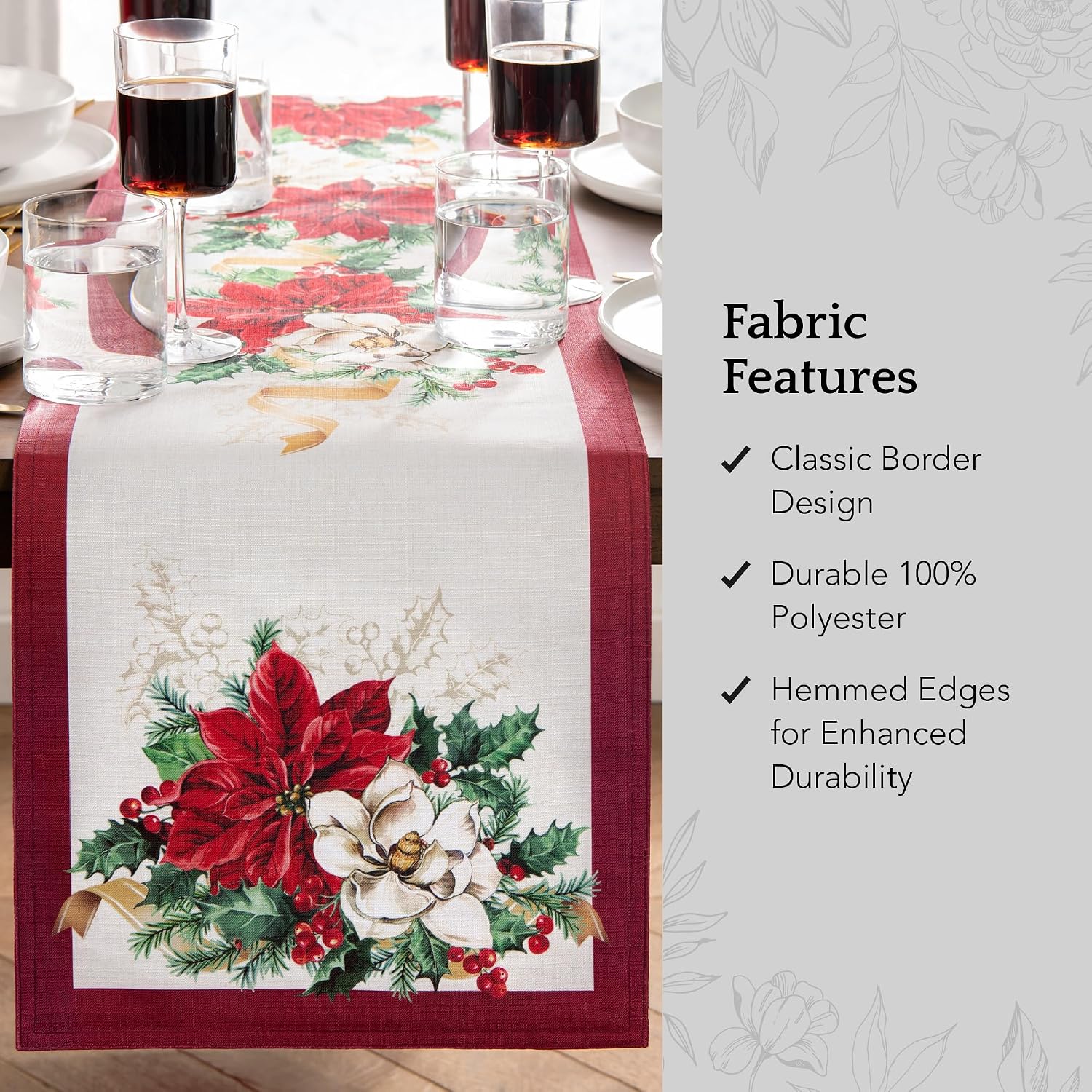 Elrene Home Fashions Poinsettia Garlands Holiday Engineered Table Runner, 13"x70", Multi