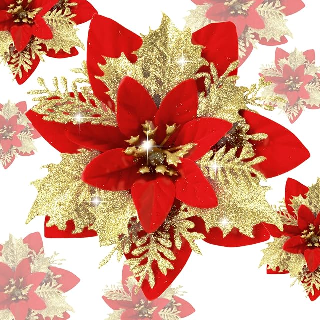 Bafenli 15 PCS 5.5 Inches Artificial Flowers Poinsettia with Clips Glitter Christmas Tree Ornaments for Xmas Wedding Party Wreath DIY Decoration (Red+Golden)