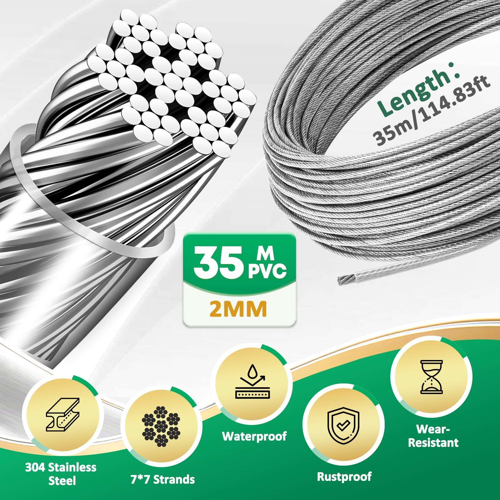 Kit De Cable De Alambre De Acero Inoxidable 304 - 50m X 2mm, Con 40 Accesorios, Para Colgar Luces, Enrejados Y Cortinas