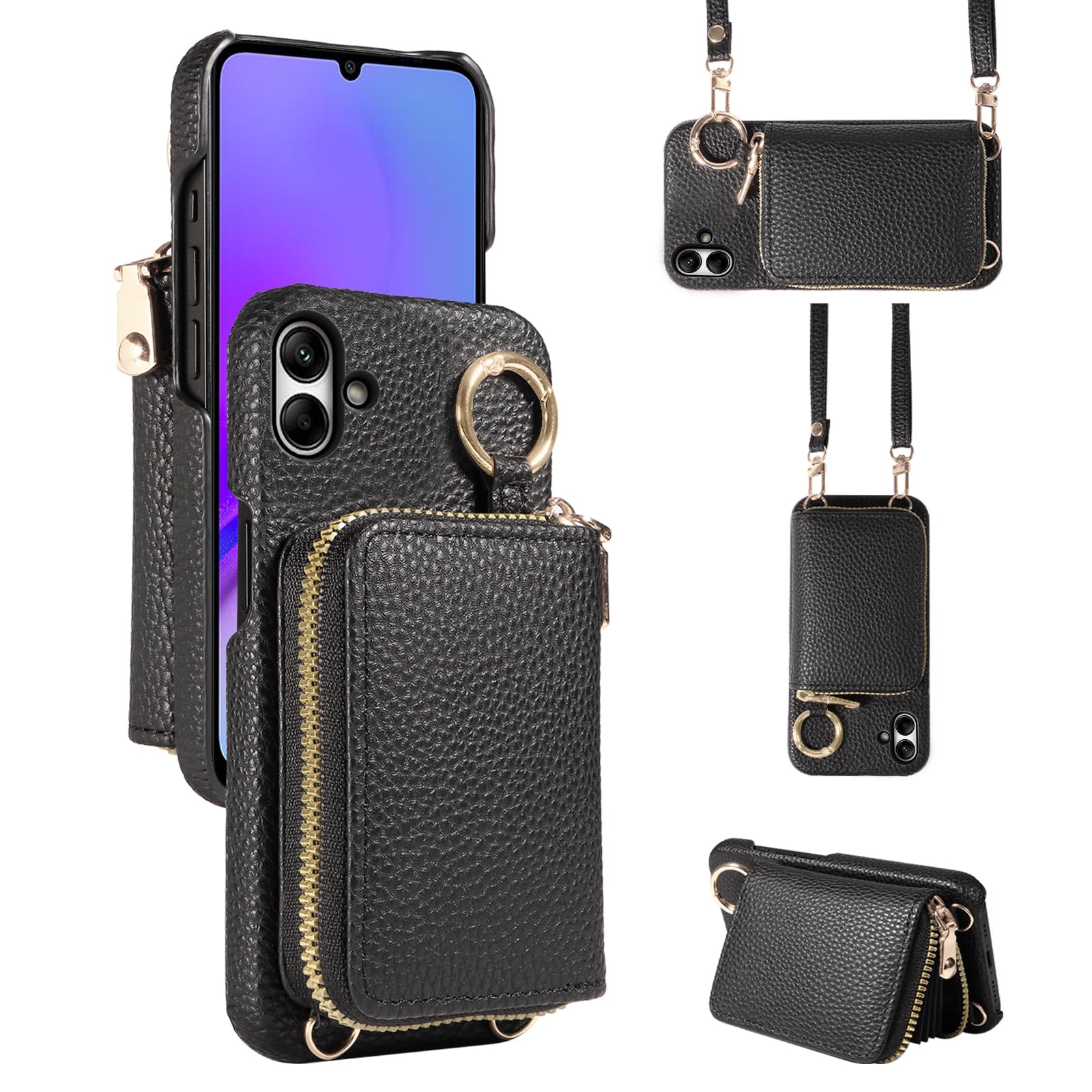 Furiet Wallet Case for Samsung Galaxy A04 with Shoulder Strap Ring Buckle, Luxury PU Leather Zipper Flip Organ Purse Credit Card Holder Stand Full