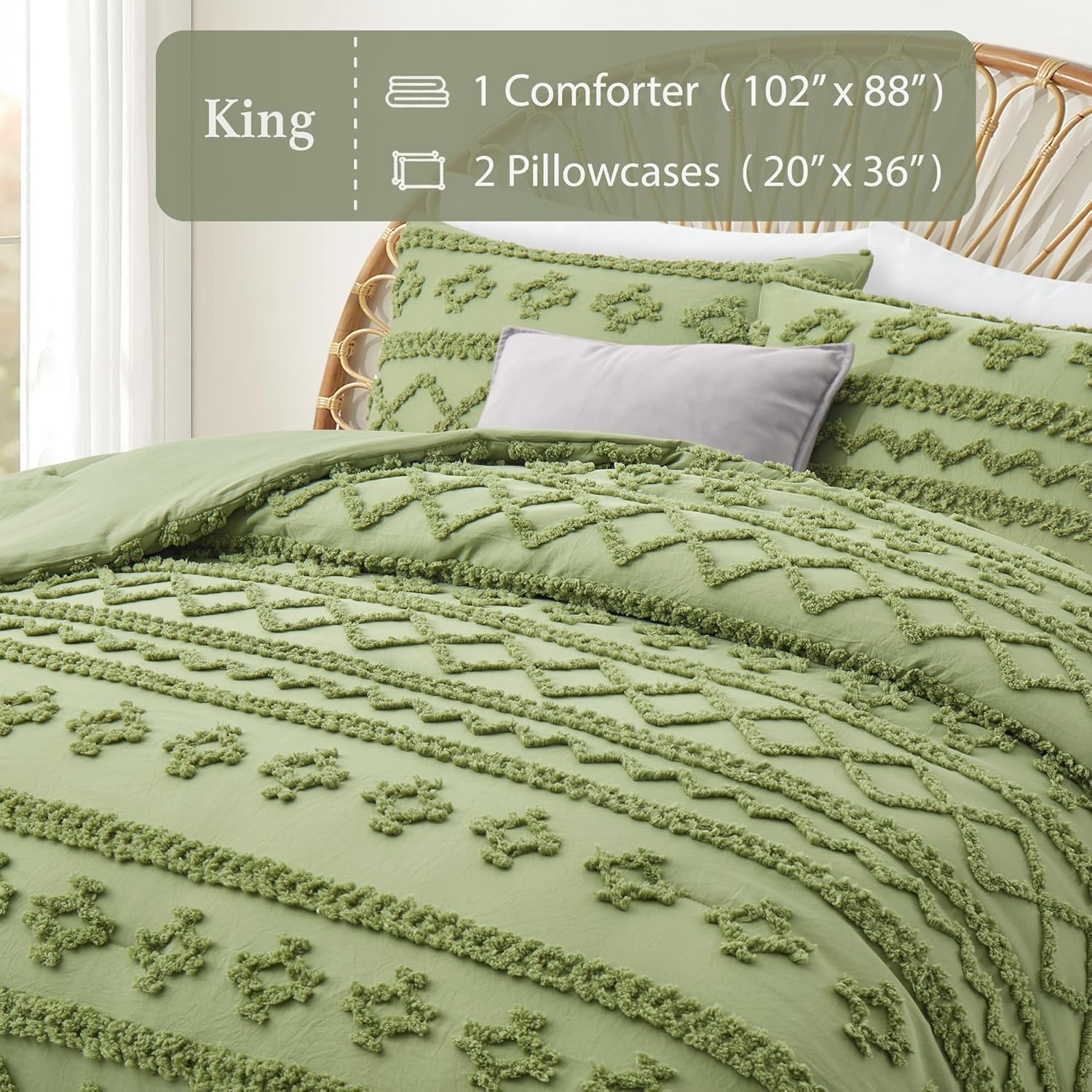 Oli Anderson Sage Green King Comforter Set Tufted Bedding Set King 3 Pieces, Boho Shabby Chic Comforter with 2 Pillowcases (Sage Green, King) - Image 4