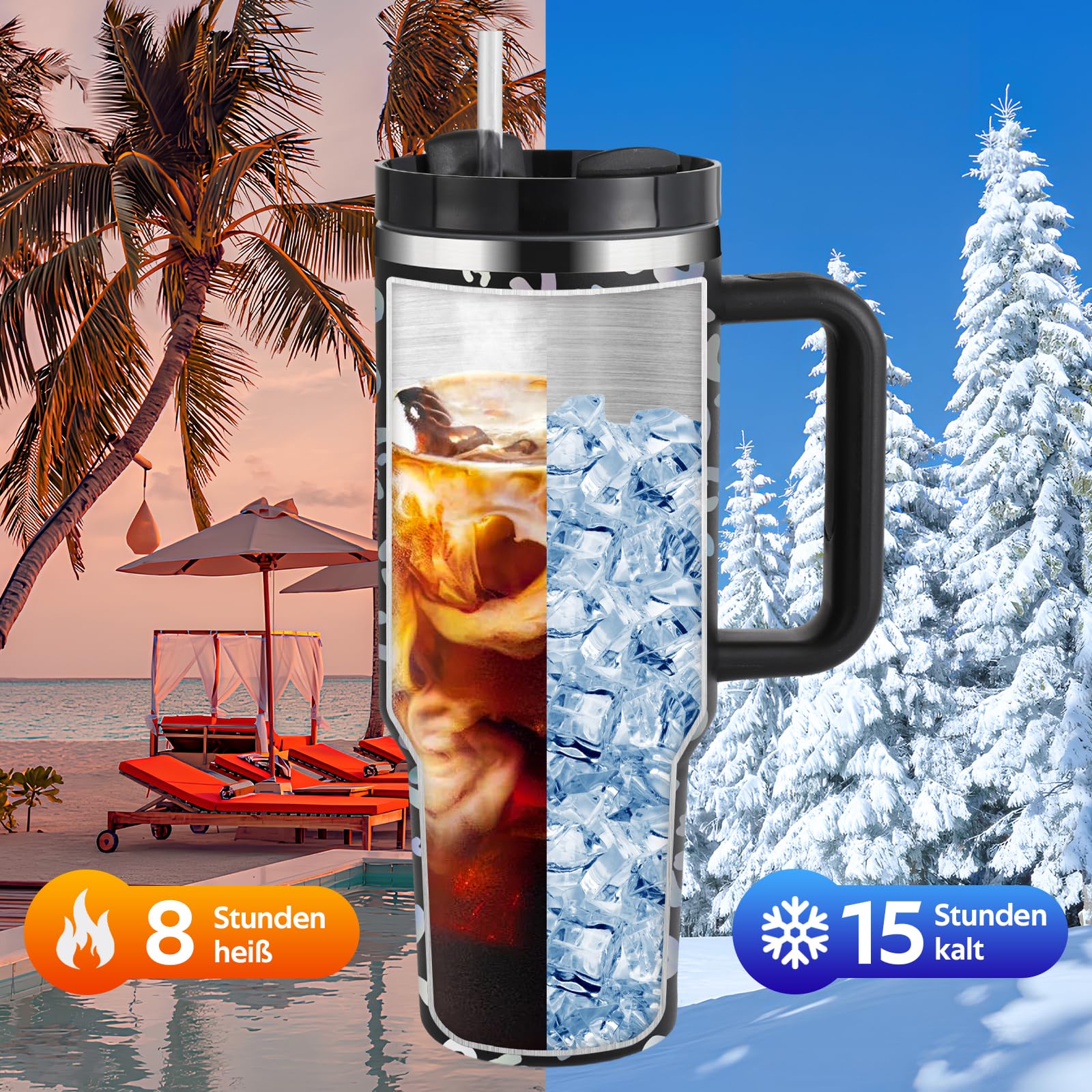 PRAOAHEI Gobelet Isotherme De 1180 Ml Avec Paille Et Anse - Double Paroi En Acier Inoxydable - Pour Boissons Chaudes Et Froides - Pour La Maison, Les Voyages - Vert Menthe