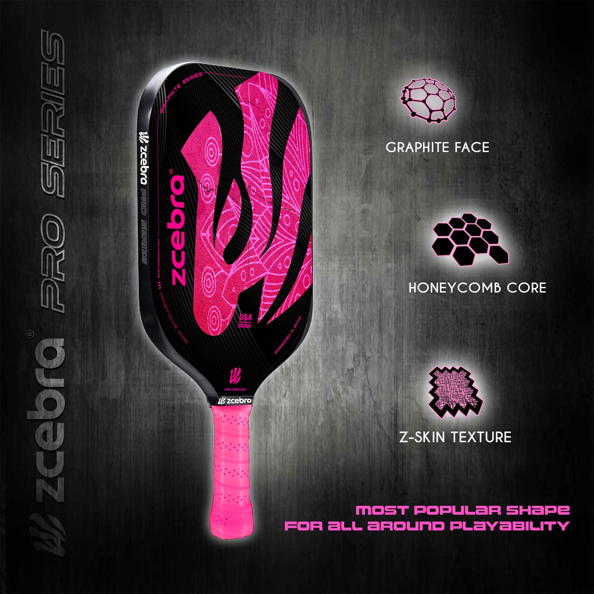 Pelle de Pickleball Graphite - Raquette Fibre de Carbone Core Panneau Abeille Polypropylène - Set Housse Néoprène Pink Edition