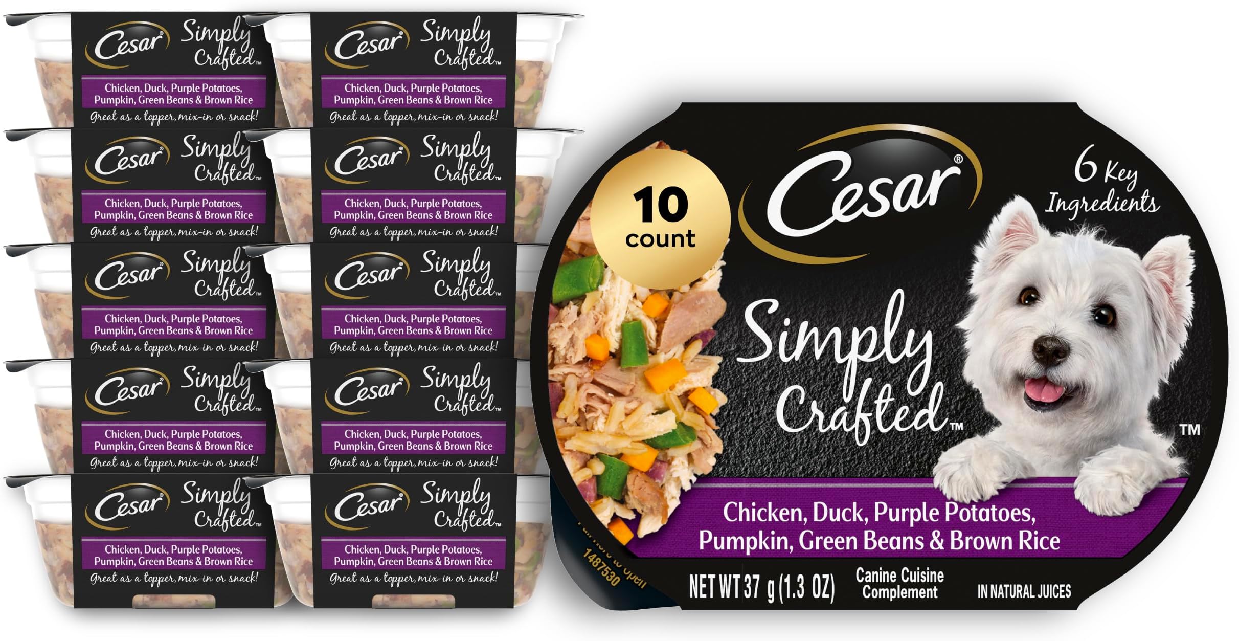 Cesar Simply Crafted Adult Wet Dog Food Toppers for Dry Food, Chicken, Duck, Purple Potatoes, Pumpkin, Green Beans & Brown Rice, 1.3 oz Tubs, 10 Count