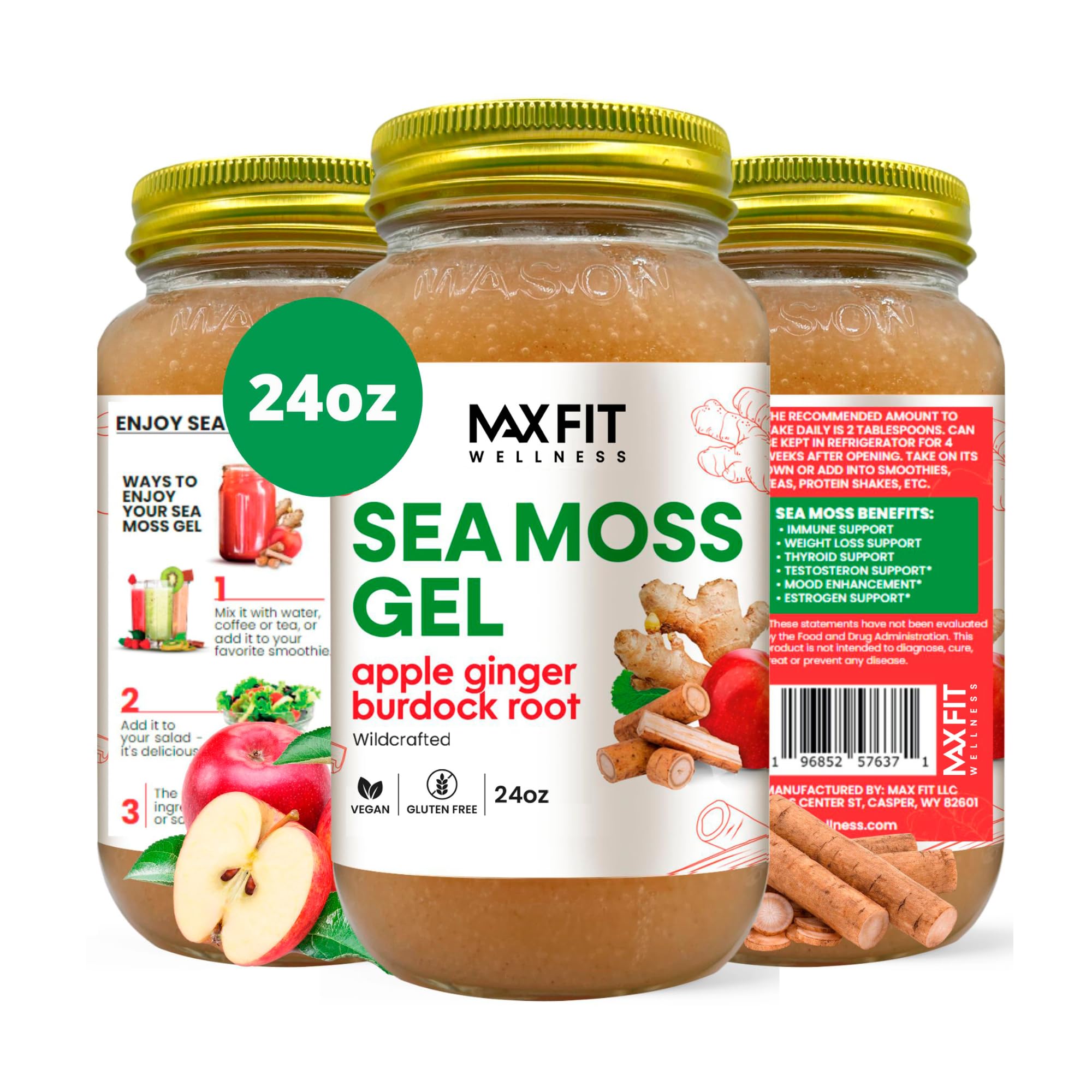 Sea Moss Gel Apple Ginger Burdock (25 Flavors) 24oz Wildсrafted Gold Sea Moss Gel from Saint Lucia | 92 Vitamins and Minerals | Pure Raw+Non-GMO