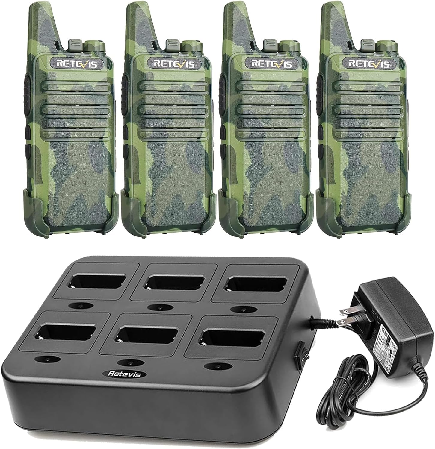 Retevis RT22 Walkie Talkies(4 Pack) Bundle with Six-Way Charger(1 Pack), Rechargeable, Voice Activated, Emergency Alarm, Outdoor Cruise Ship ATV Hunting Skiing Handheld Two Way Radio Walkie-Talkies