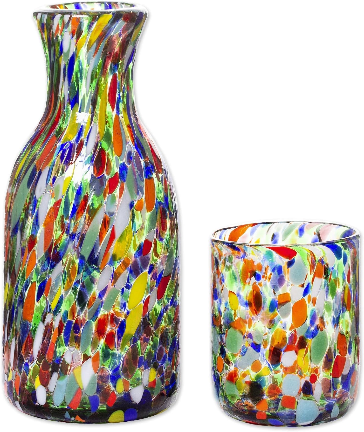 NOVICA Handmade Handblown Carafe Glass Set in Pair Multicolor Mexico Tableware Drinkware Pitchers Decanters 'Jubilant Color'